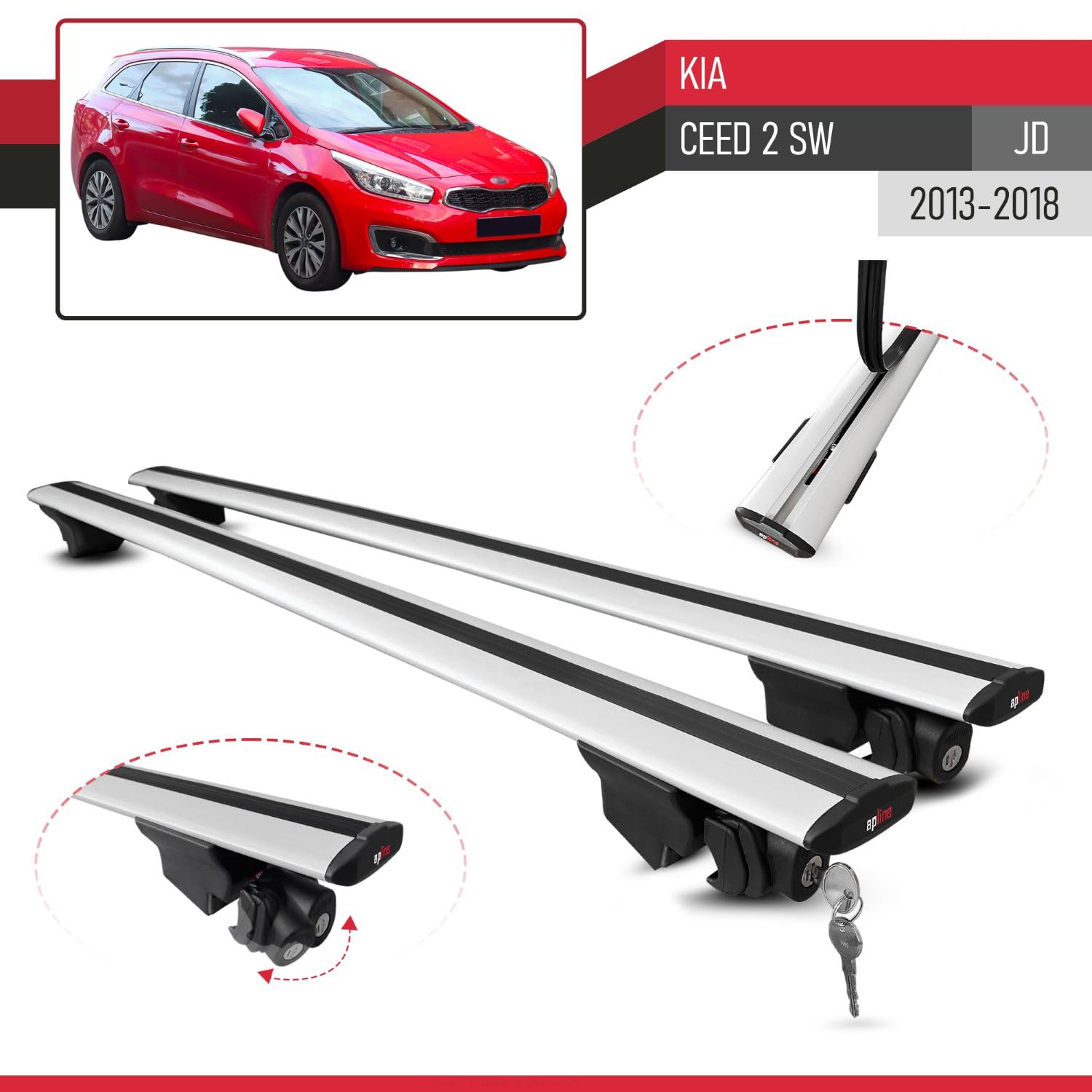 Kompatybilny z Compatible with Kia Ceed 2 (JD) SW 2013-2018 HOOK Model Aluminiowy bagażnik dachowy 2 poprzeczki, szary