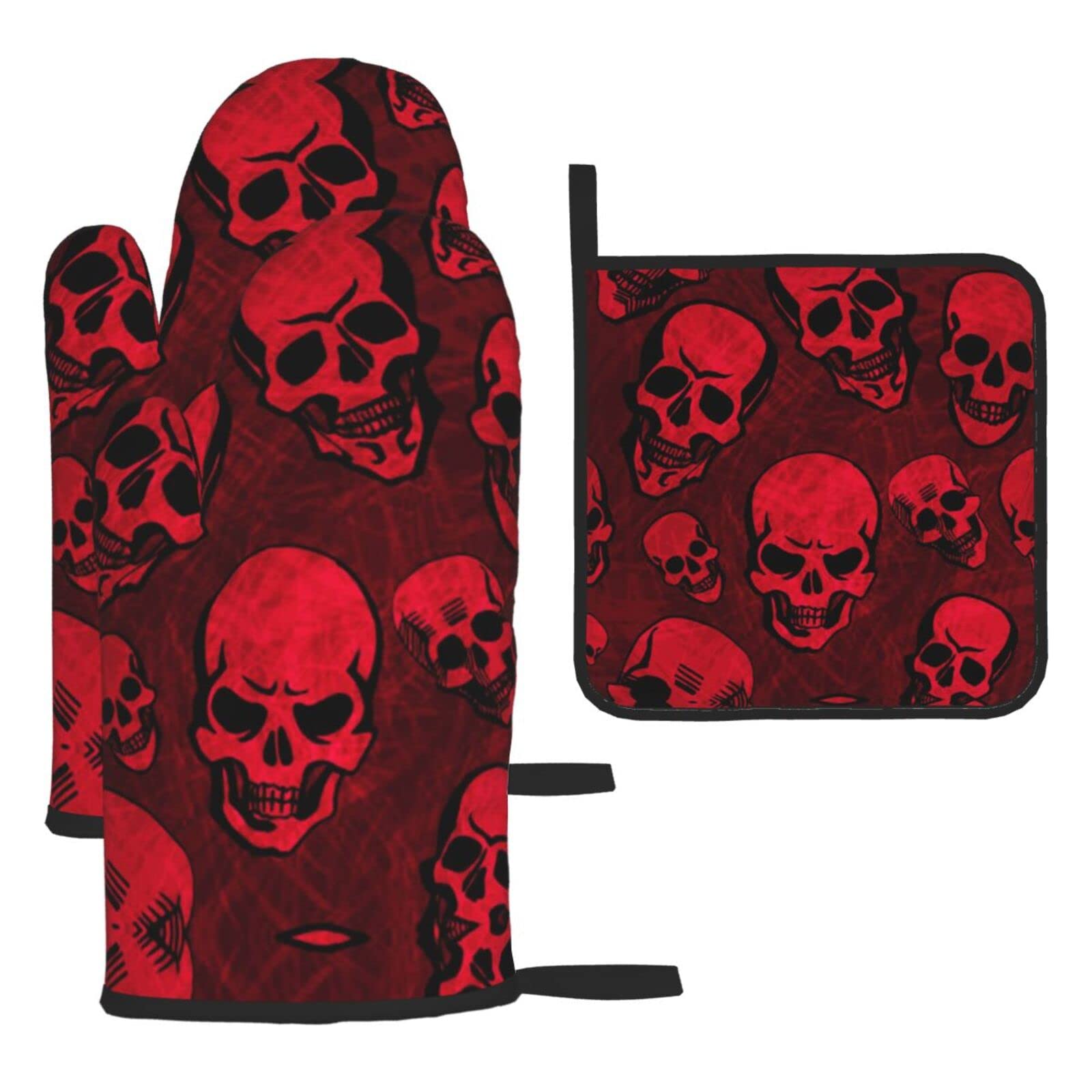 Red Skulls Oven Mitts and Pot Holder Kitchen Set for Grilling, Cooking, Baking, Heat Resistant