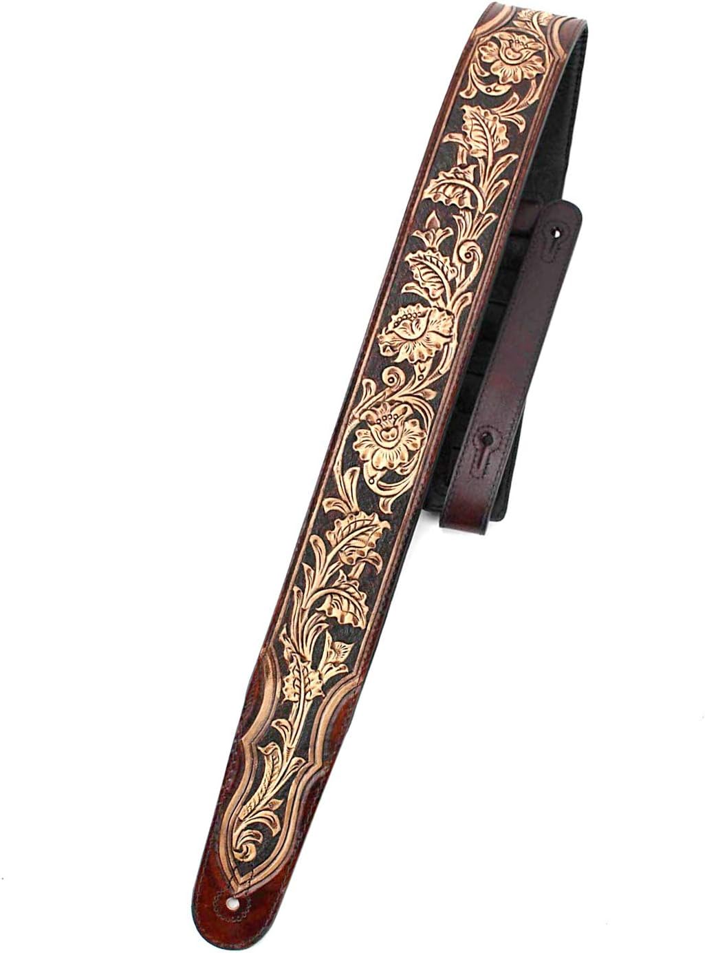 Walker & Williams KH-02-BRN Walnut Brown Premium Carving Leather Padded Guitar Strap With Hand Carved Traditional Western Sheridan Tooling For Acoustic, Electric, And Bass Guitars
