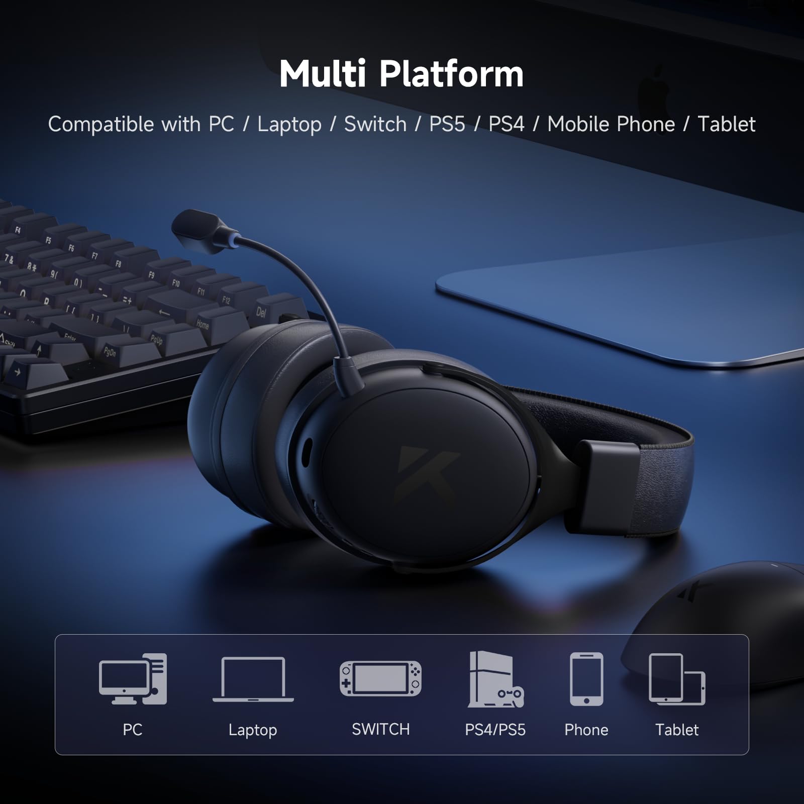 MCHOSE V9 Pro Casque Gaming, Son Surround 7.1, Pilotes Audio 53 mm, Micro Détachable, Bandeau Réglable, Légère, USB-C Filaire, 2.4G / BT sans Fil, pour PC, Mac, PS5, PS4, Switch Series, Noir