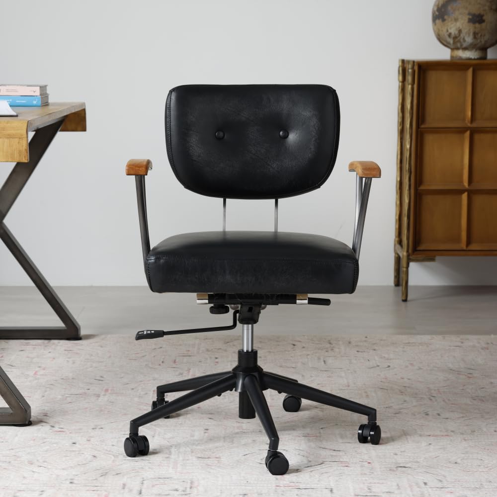 I0I&I0I Sedia da ufficio ergonomica in pelle, regolabile in altezza, girevole, con ruote e braccioli in rovere, per casa e ufficio