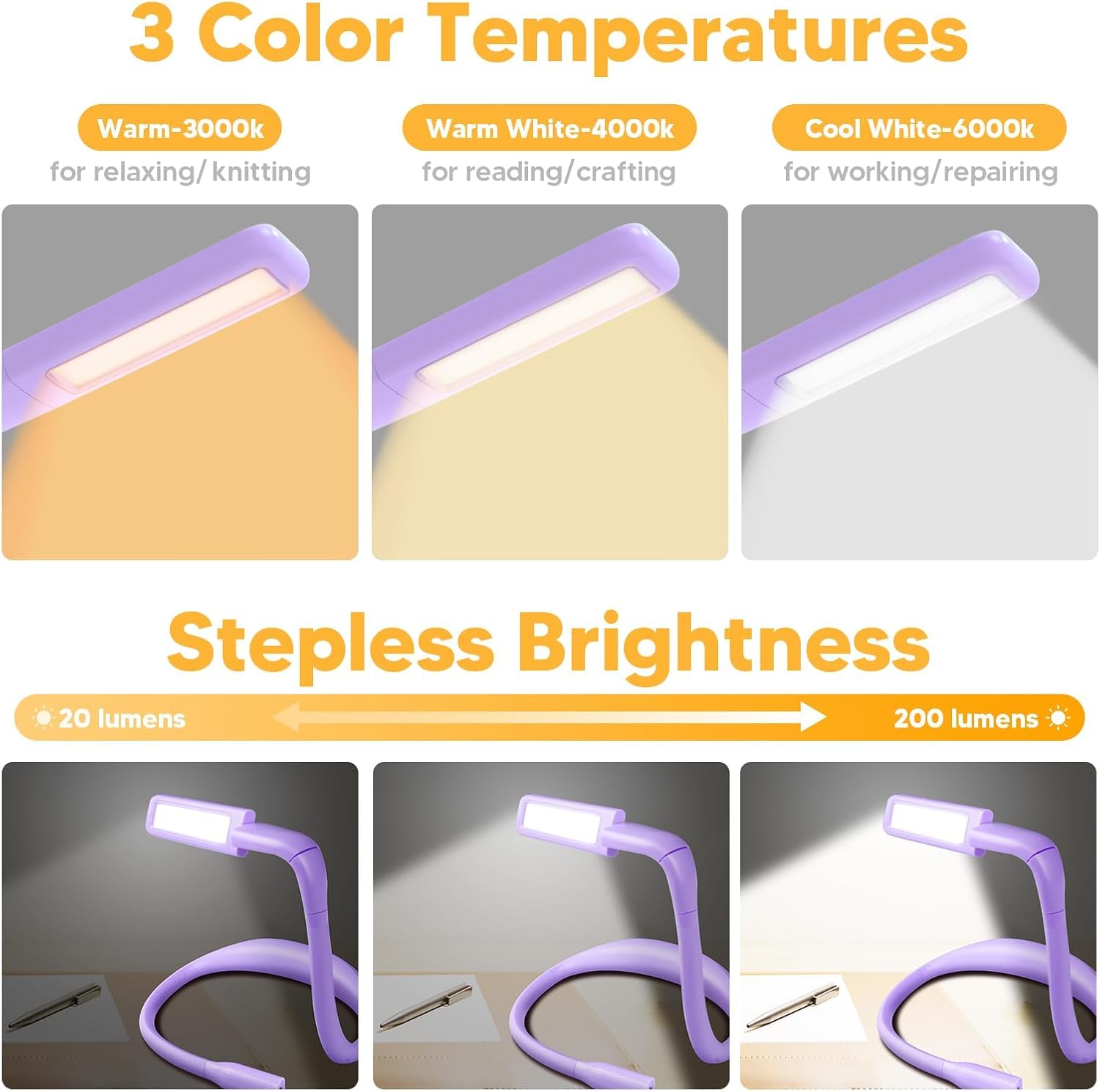 Luz Lectura Libros Cama Lampara - Lampara de Lectura Recargable 3 Colores Protección Ocular Luz Lectura Cuello Flexibles, Lámpara para Leer, Tejer, Coser, Acampar, Regalos para Hombre Mujer Lectores