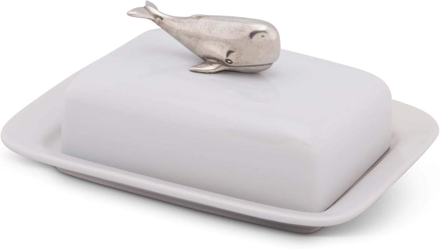 Vagabond House Stoneware Butter Cream Cheese Dish with Pewter Whale Knob 8 inch Long x 3.5 inch tall