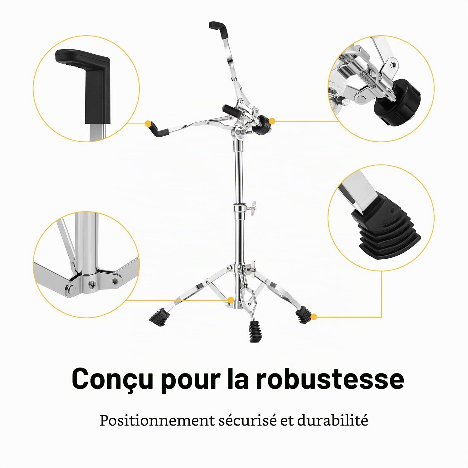Pied de Caisse Donner Drum Stand claire réglable à double renfort avec support de baguette, convient pour 10'' - 14'' caisse claire/pad de batterie