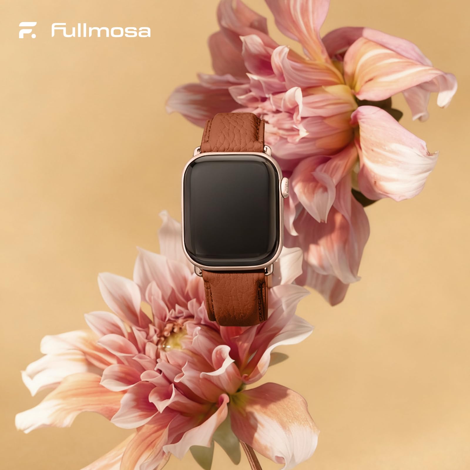 Fullmosa Bracelets en Cuir Véritable Compatible avec Apple Watch 42mm(S11/10)/41mm/40mm/38mm Femme Homme,iWatch Btacelet pour iWatch SE3/2/1 Series 11/10/9/8/7/6/5/4/3/2/1, Brun+Or Rose Fermoir