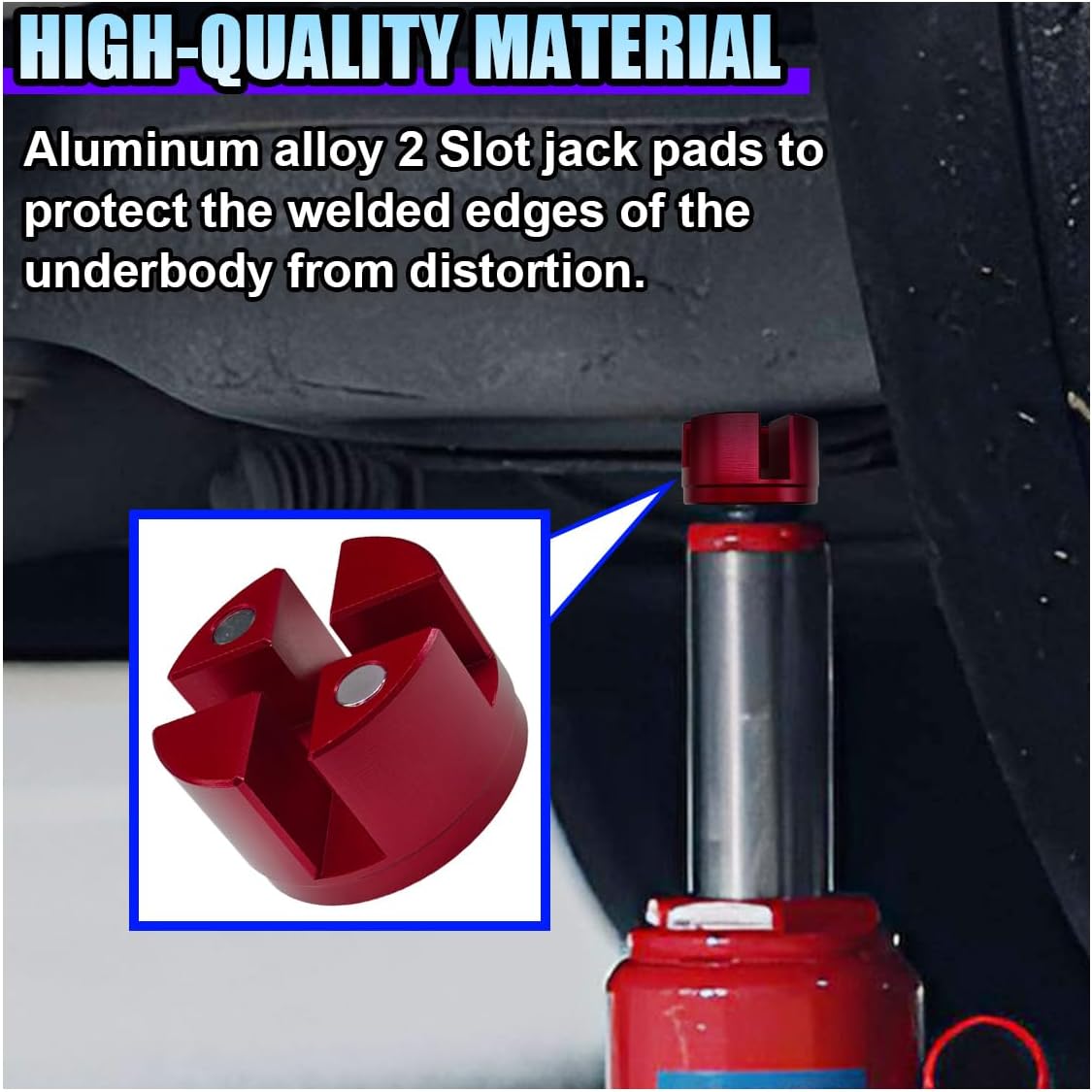 Universal Magnetic Jack Pad, Jack Pad Slotted Bracket Frame Rail Protector Aluminum Grooved Jack Puck Adapter - 50 mm in Diameter, Cross Beam Weld Side Support Block for Most Vehicles (Red)