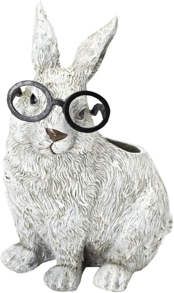 Roman Exclusive White Rabbit Wearing Silly Black Spectacles Planter, 9-Inch, Made of Dolomite/Resin