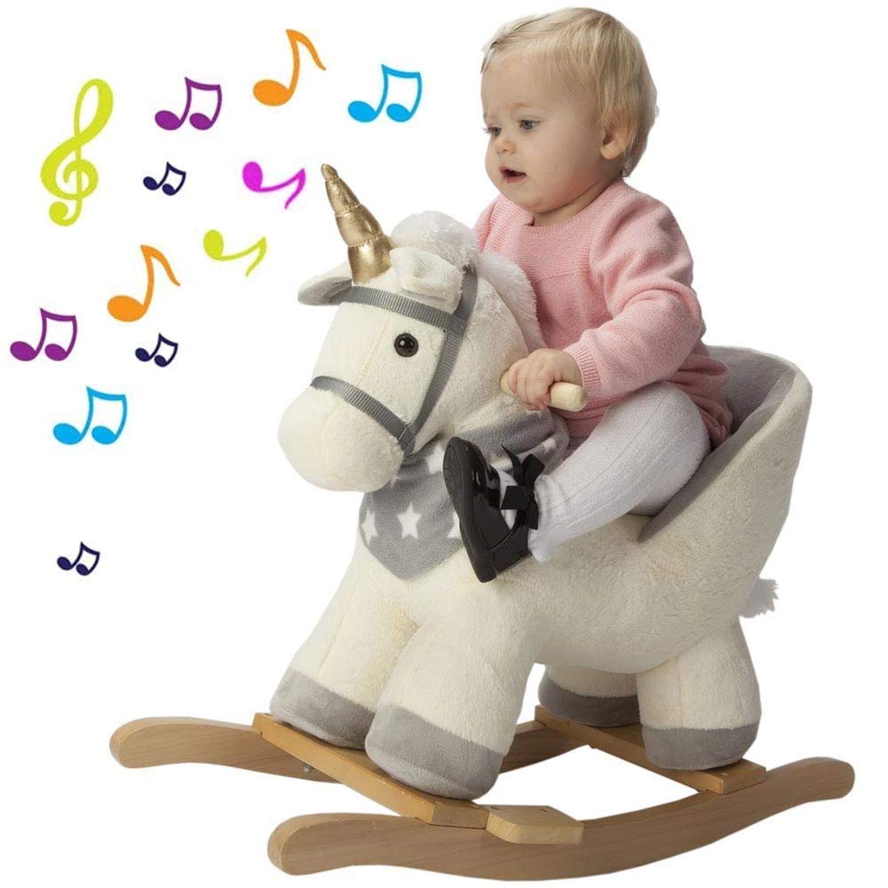 Bakaji Unicorno a Dondolo Cavalluccio Cavalcabile Peluche Giocattolo per Bambini con Effetti Sonori Maniglie e Cintura di Sicurezza Beige