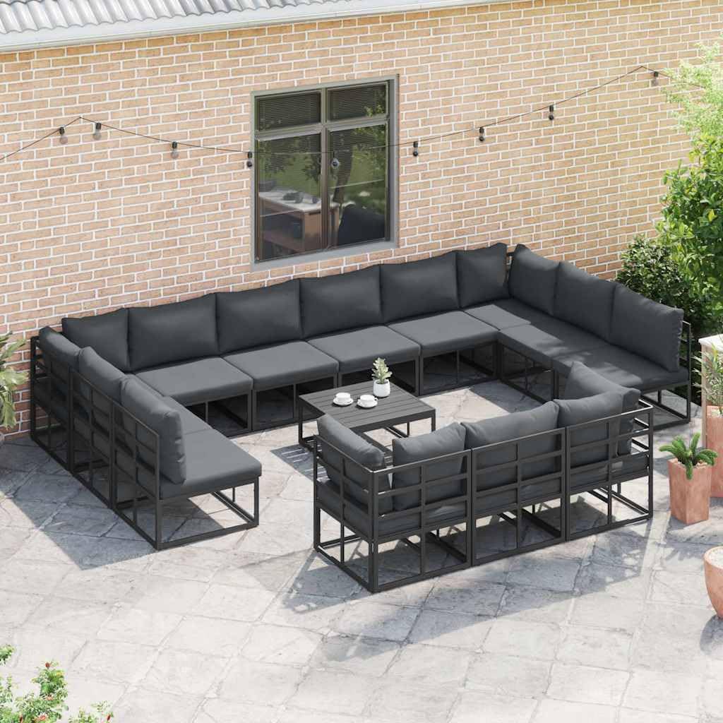 Sofa ogrodowa z poduszkami, 13-częściowy zestaw mebli ogrodowych w kolorze czarnym, aluminium powlekane proszkowo, zestaw mebli do siedzenia na taras, balkon, do ogrodu, odporny na warunki