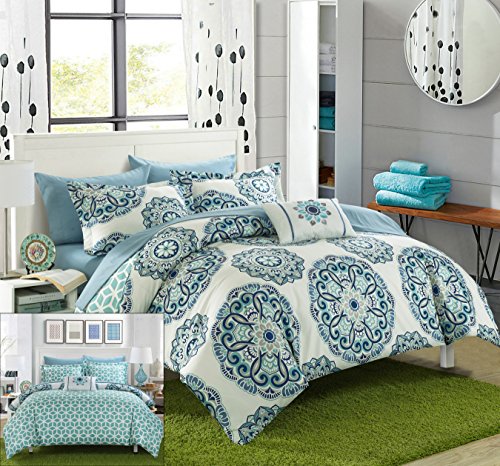 Chic casa 6 Piezas Barcelona Impreso medallón Reversible geométrico Felpudo Cama en una Bolsa edredón con Juego de sábanas, Doble, Color Verde
