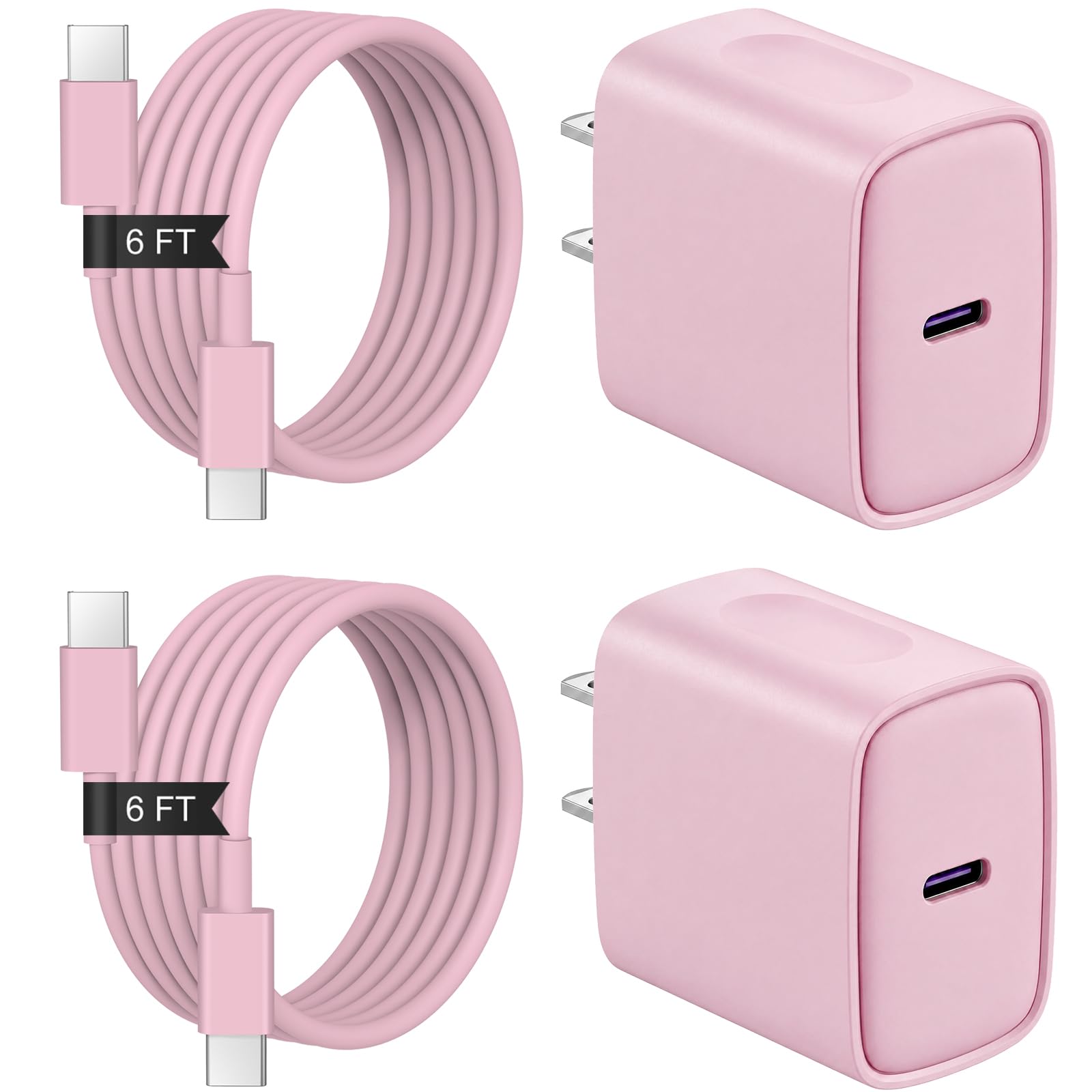 iPhone Duo 18 17 16 15 Charger 2+2Pack USB C Charger with 6FT Cable -Pink