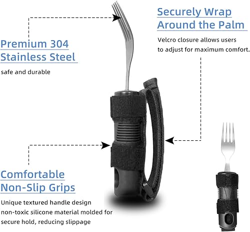 Miniatura 4 de Juego de utensilios adaptativos para pacientes mayores con accidente cerebrovascular de Parkinson, agarre antideslizante con correa de mano para