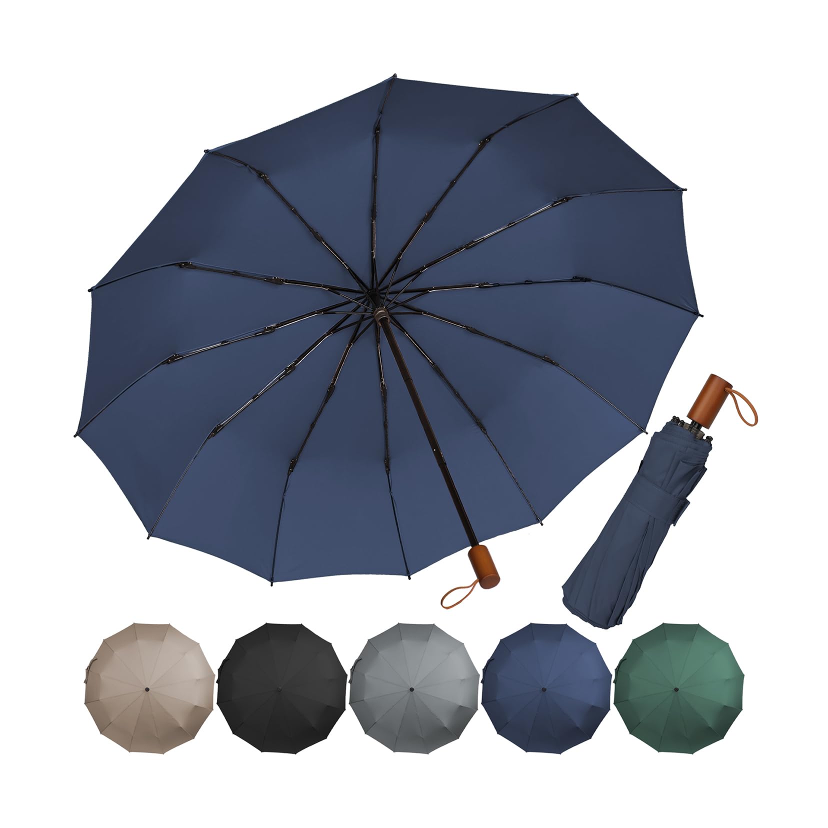 Le parapluie de voyage le plus fort à vent, 12 côtes côtes petites et légères portables et automatiques compactes de pluie pliante compacte, poignée premium durable