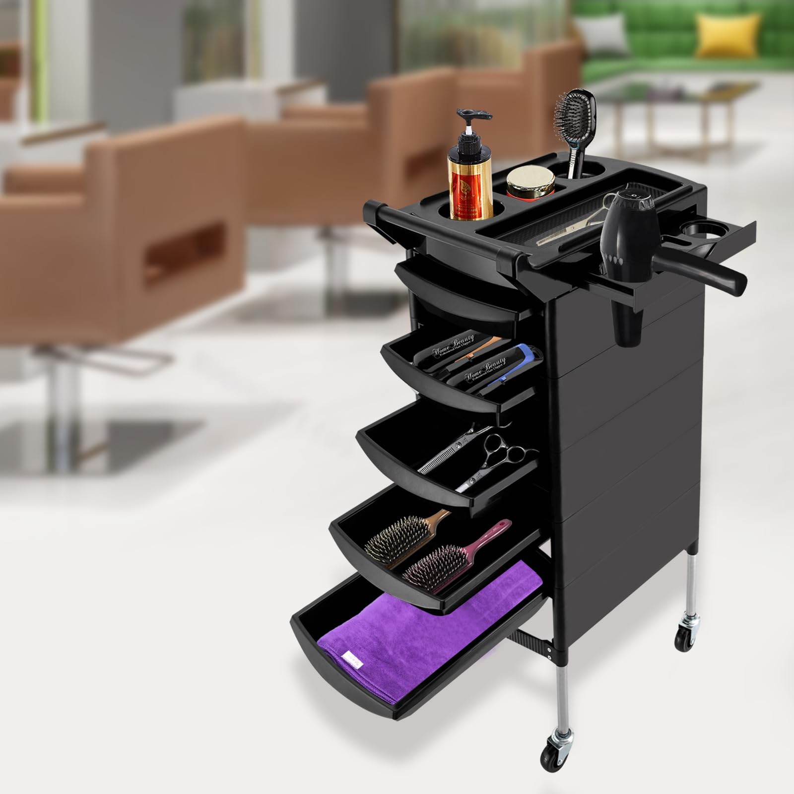 Chariot de coiffeur 6 étages 5 tiroirs 4 roues pour salon de beauté