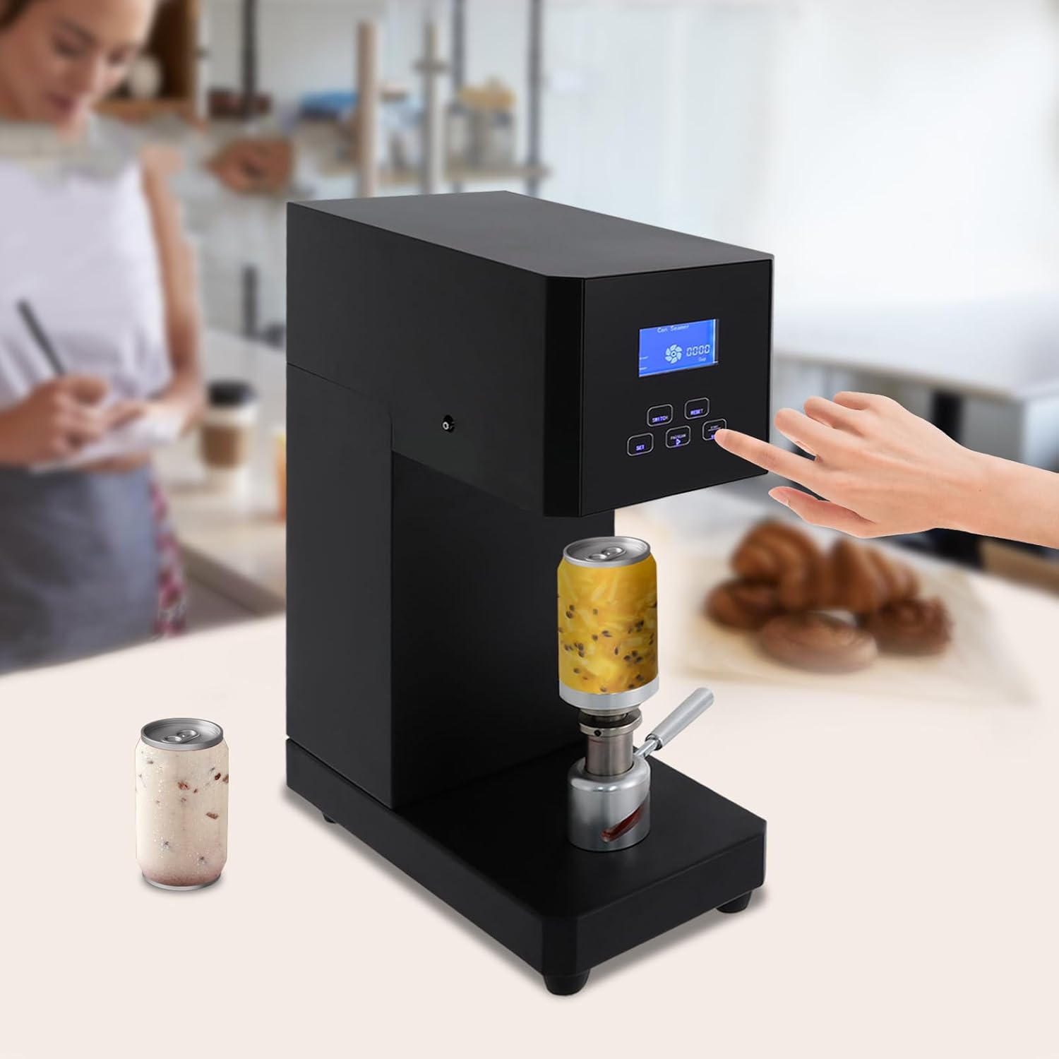 110V Commercial Automatic Can Sealing Machine, 370W Beverage Seal Machine Milk Tea Drink Bottle Sealer w/LED Display, Soda Can Sealer φ 5.5cm for Bars, Cafes (Black)
