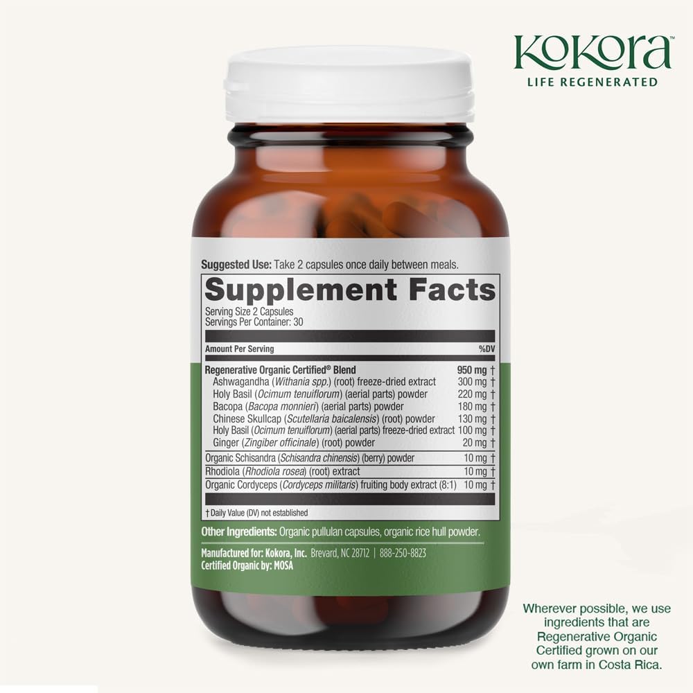kokora Regenerative Adrenal Support - Maintain Healthy Adrenal Function, Balanced Energy & Stress Levels* -Adaptogen Blend w/Rhodiola and Schisandra - Vegan & Non-GMO - 60 Capsules - 30 Servings