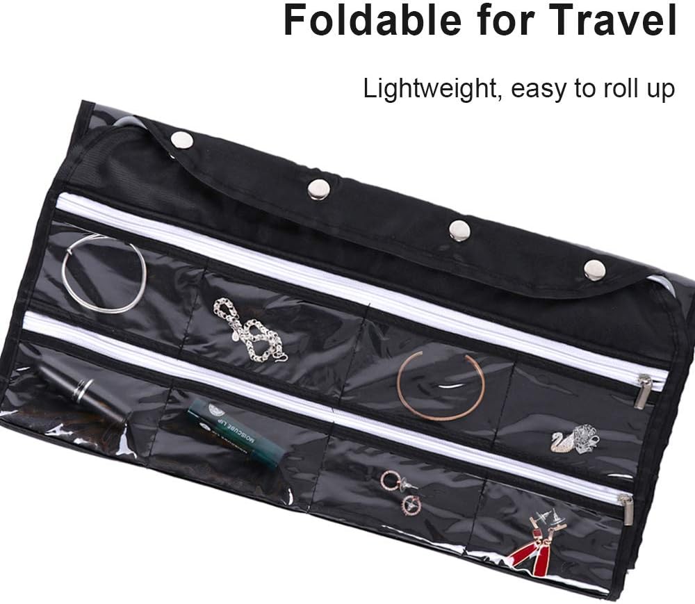 Hanging Jewelry Organizer, McoMce Double Sided 56 Pockets Jewelry Organizer with Zippered Pockets, Necklace Holder Jewelry Chain Organizer for Earrings Necklace Bracelet Ring with Hanger, Blac