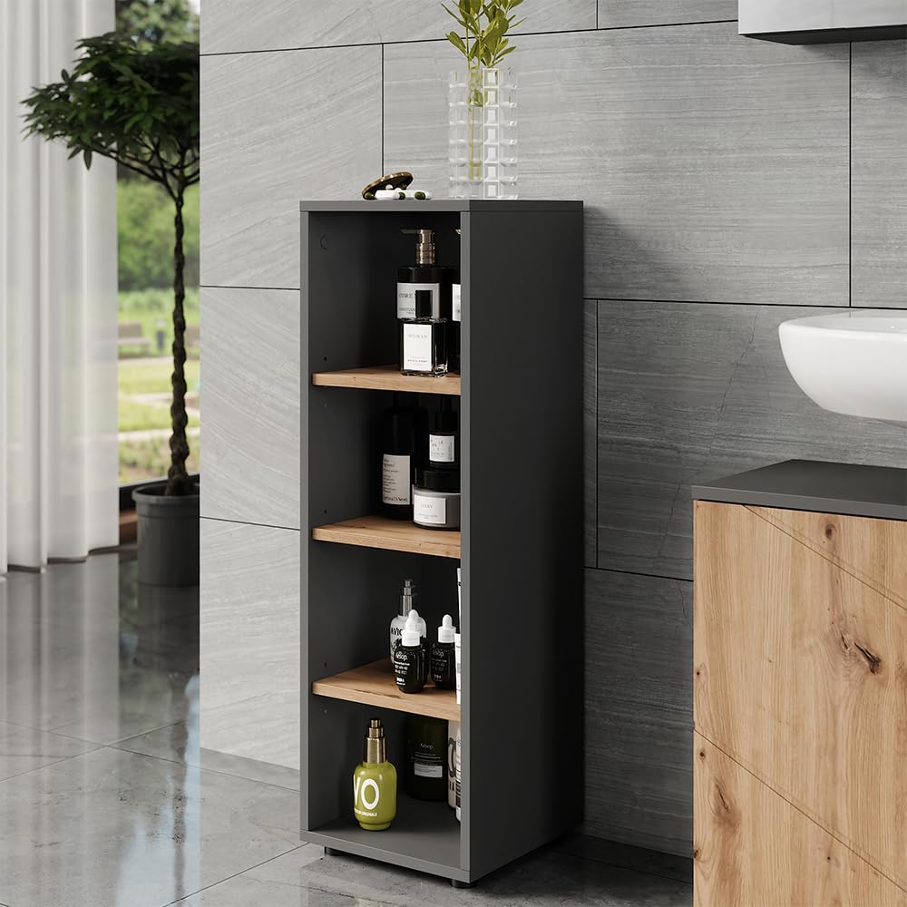 Vicco Mueble Midi Irma, Antracita/Roble Dorado, 30 x 95 cm | 4 compartimentos, para guardar artículos de baño y productos de cuidado personal