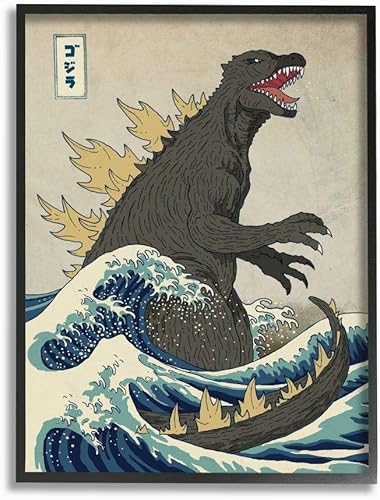 Stupell Industries Godzilla in The Waves Eastern - Arte de pared enmarcado en negro, 11 x 14 pulgadas, diseño del artista Michael Buxton