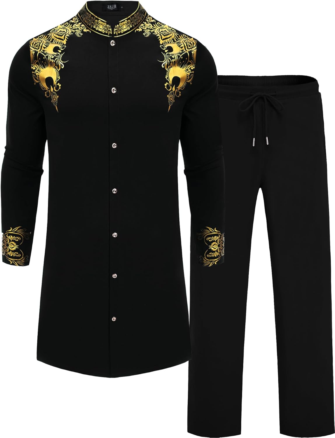 ZSJR Mens Long African 2 Piece Set Nigerian Dashiki Metallic Traditional Suit Gold Stamp Printed Shirt and Pants Outfit