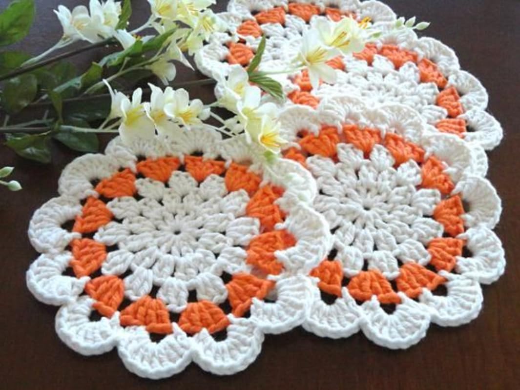Present Handmade Floral Coaster Set 6 Pieces 12 cm Decorative Table Coaster for Cups Mugs Glasses Home Dining Kitchen Accessories (White Orange)-image-19