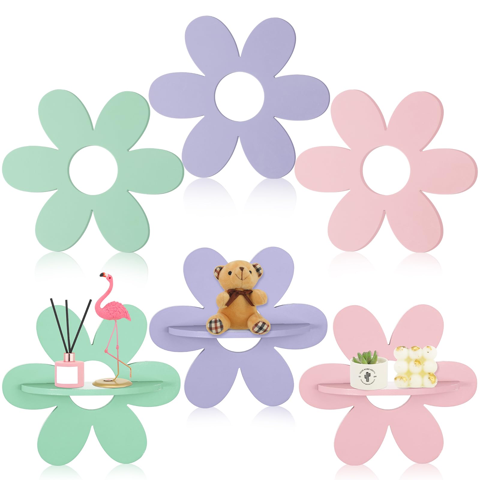 Tatuo 6 Pcs Daisy Flower Plant Wall Shelf Wooden Wall Sign, Cute Small Floating Shelves for Display Shelf for Bedroom Bathroom Living Room Funky