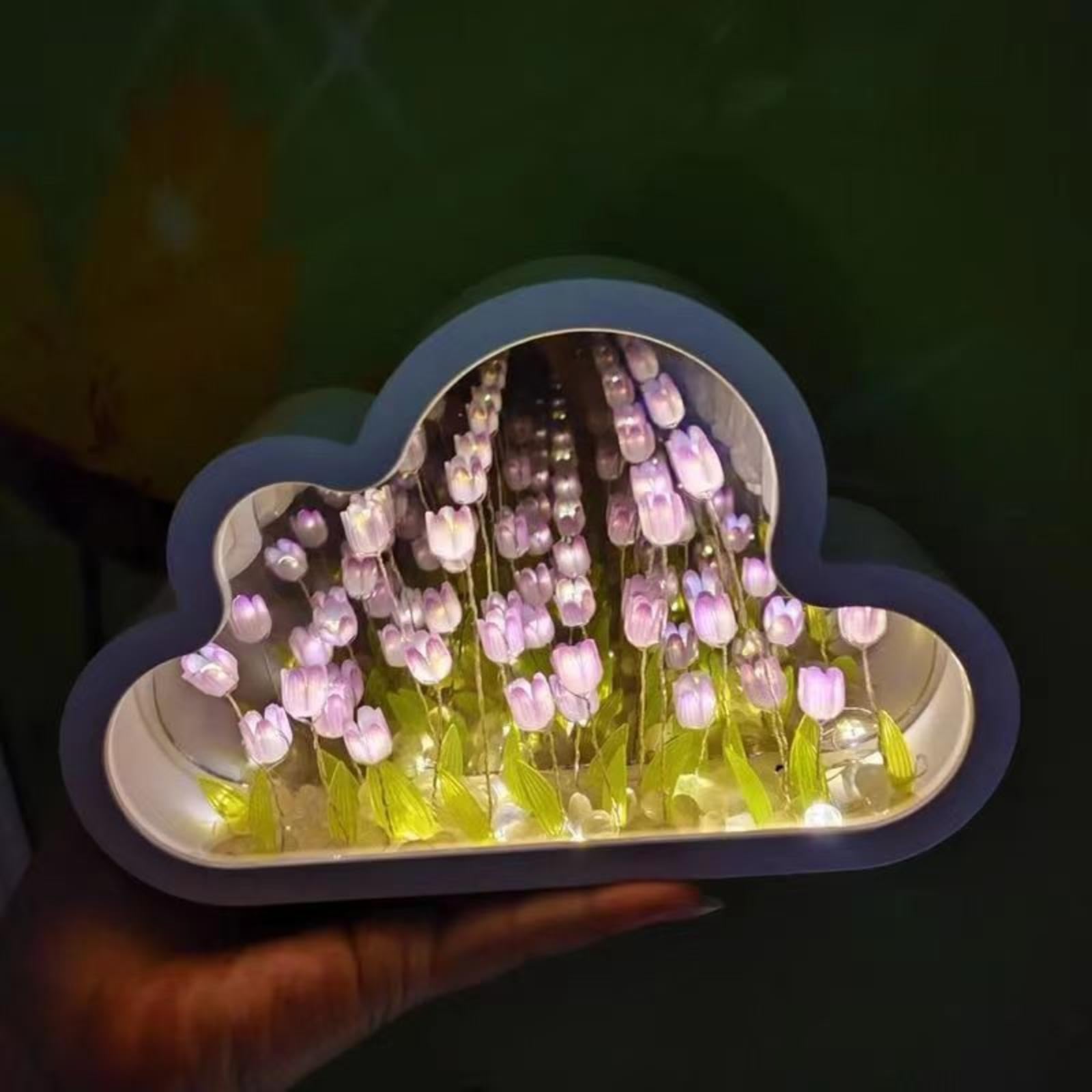 DIY Tulp Nachtlampje, Met Gevouwen Wenskaart, Wolk Tulp Spiegel Nachtlampje, Simulatie Bloem Slaapkamer Slapen Tafellamp, Thuis Spiegel Decoratie (Color : Blue