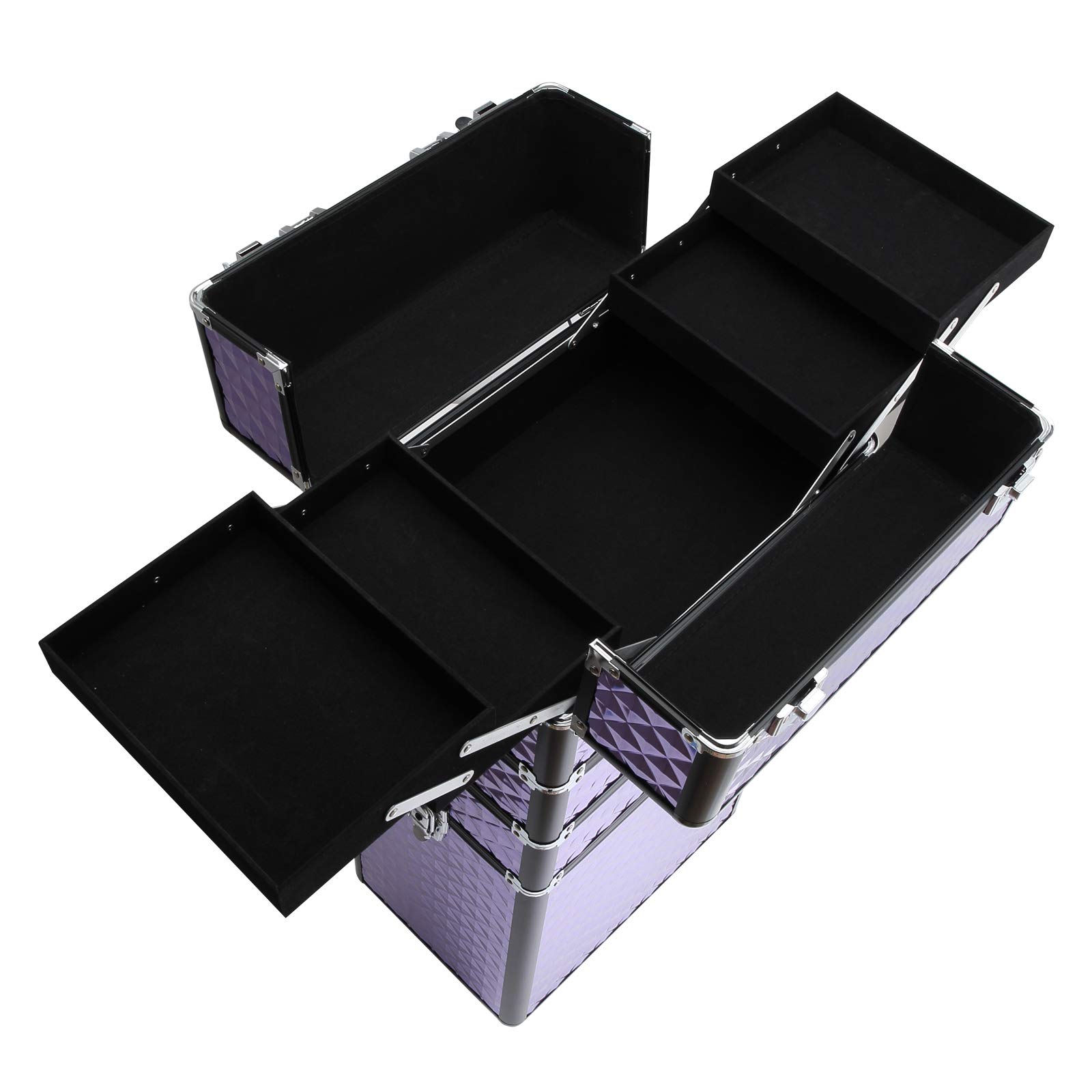 HOMCOM Maletín de Maquillaje Profesional con Ruedas Universales Distintos Niveles Asa Extensible Maletín Maquillaje Trolley Aleación de Aluminio 33.5x23x76/95.5 cm Violeta