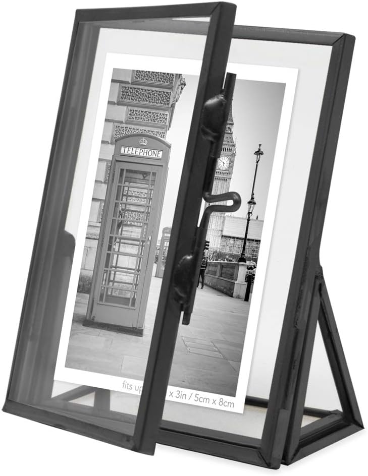 Isaac Jacobs 2x3, Black, Vintage Style Brass and Glass, Floating Photo Frame, Metal, (Vertical), with Locket Closure and Angled Base, for Pictures, Art, Mementos, Keepsakes, 2 Pack (2x3, Black)