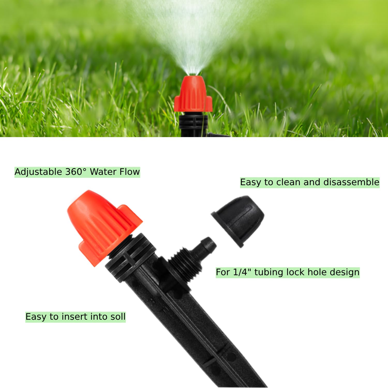 Emettitori di irrigazione a goccia per tubi da 1/4": emettitori regolabili a 360 gradi con blocco spinato, gocciolatori nebulizzatori con paletto per sistema di irrigazione da giardino (30 pezzi)