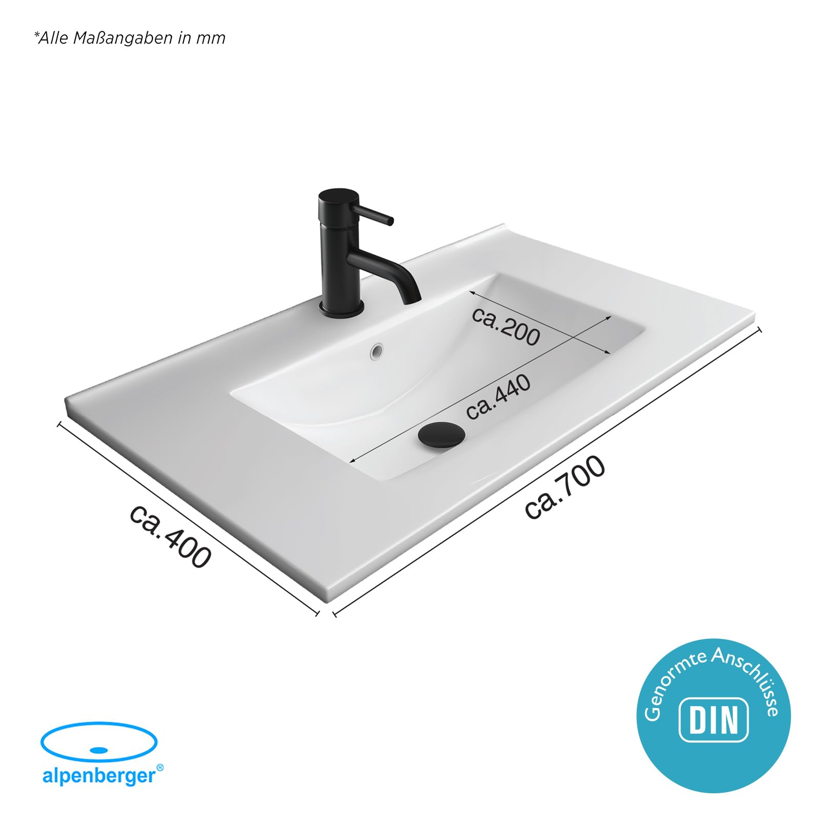 Alpenberger - Lavabo de baño para invitados, 70 cm de ancho, lavabo empotrable, rectangular, con sellado de cerámica, nano y rebosadero