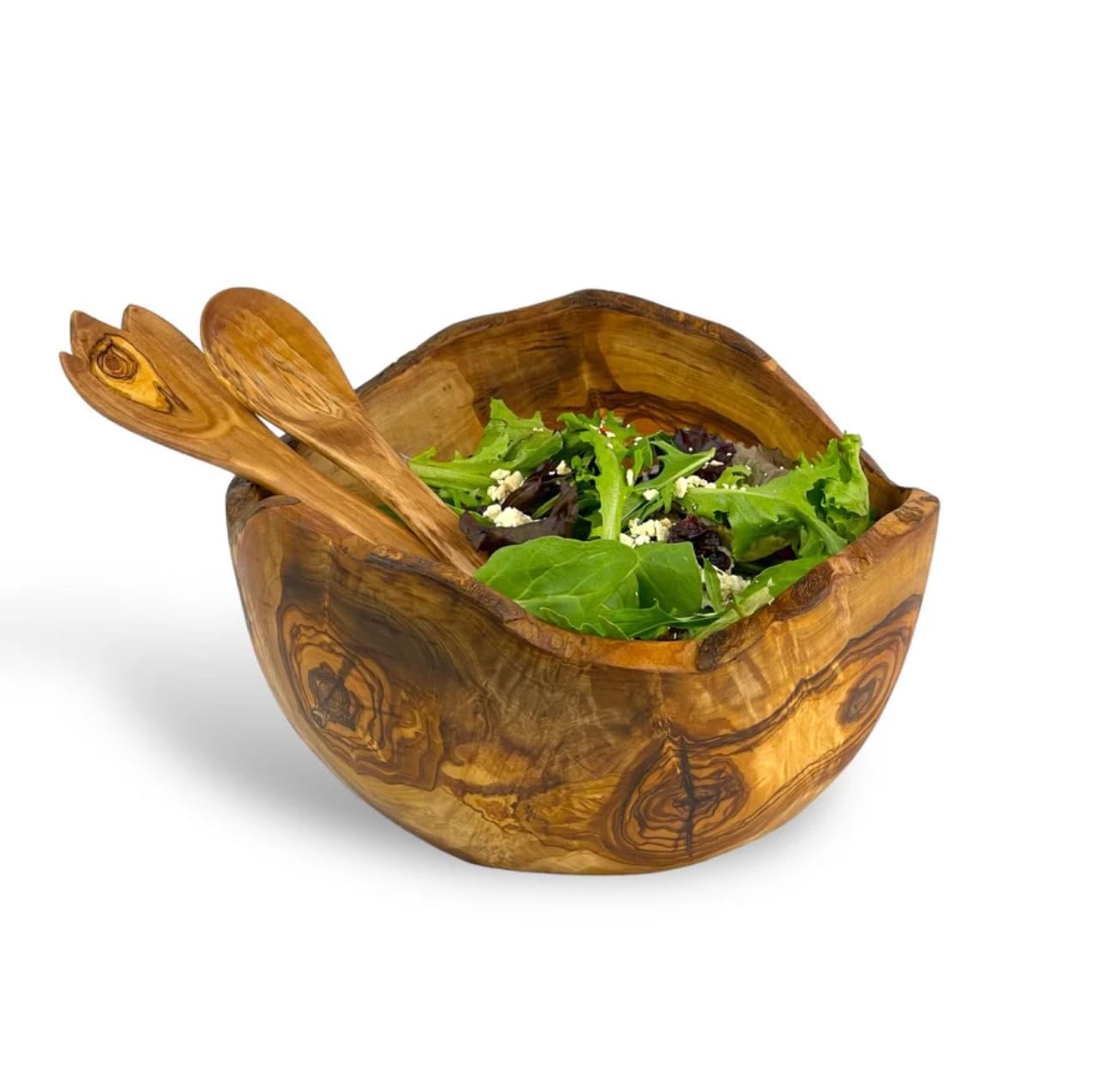 Savory Farms Olive Wood Salad Serving Utensil Set – 2-Piece Rustic Wooden Spoon & Fork – 12 Inch Handcrafted Natural Utensils – Durable, Eco-Friendly Kitchen Tools