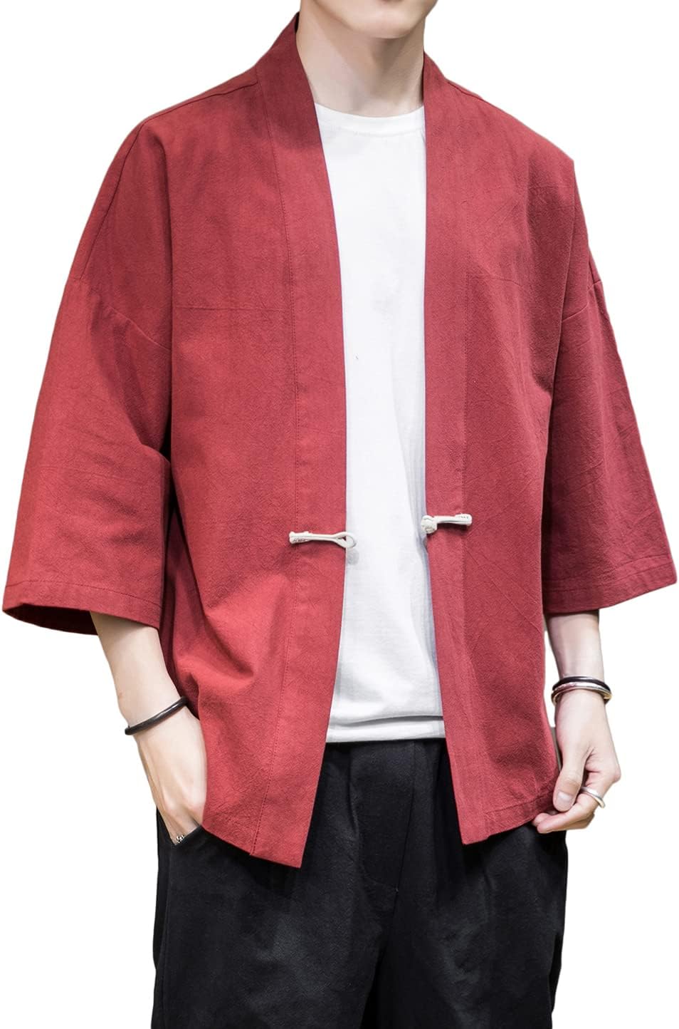 PRIJOUHE Men's Japanese Style Kimono Cardigan Jacket Cotton Blends Linen Seven Sleeves Solid Color Open Front Coat