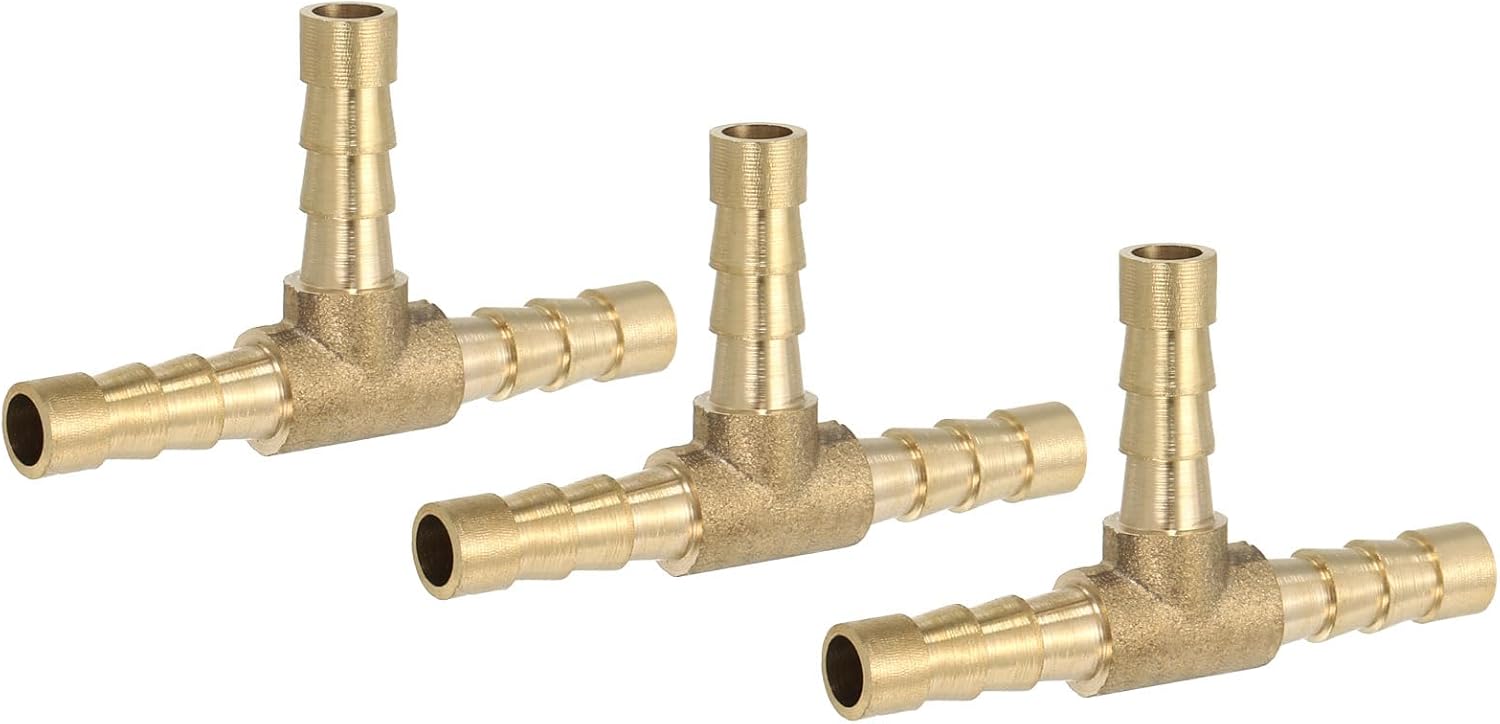 1/4" Brass Tee Hose Barb Fitting,3 Pcs 3 Ways Union Intersection T Shape Barbed Split for Air Water Fuel Gas Liquid, Golden