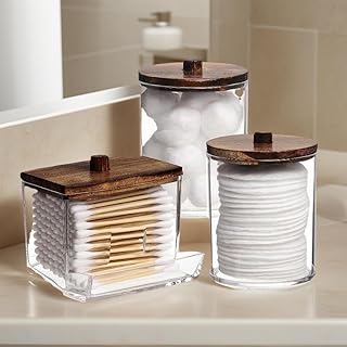 Swabs Dispenser - Swabs Holder Bathroom Container With Apothecary Jar Organizer - Brown Wood Lids For Easy Storage 3 pack