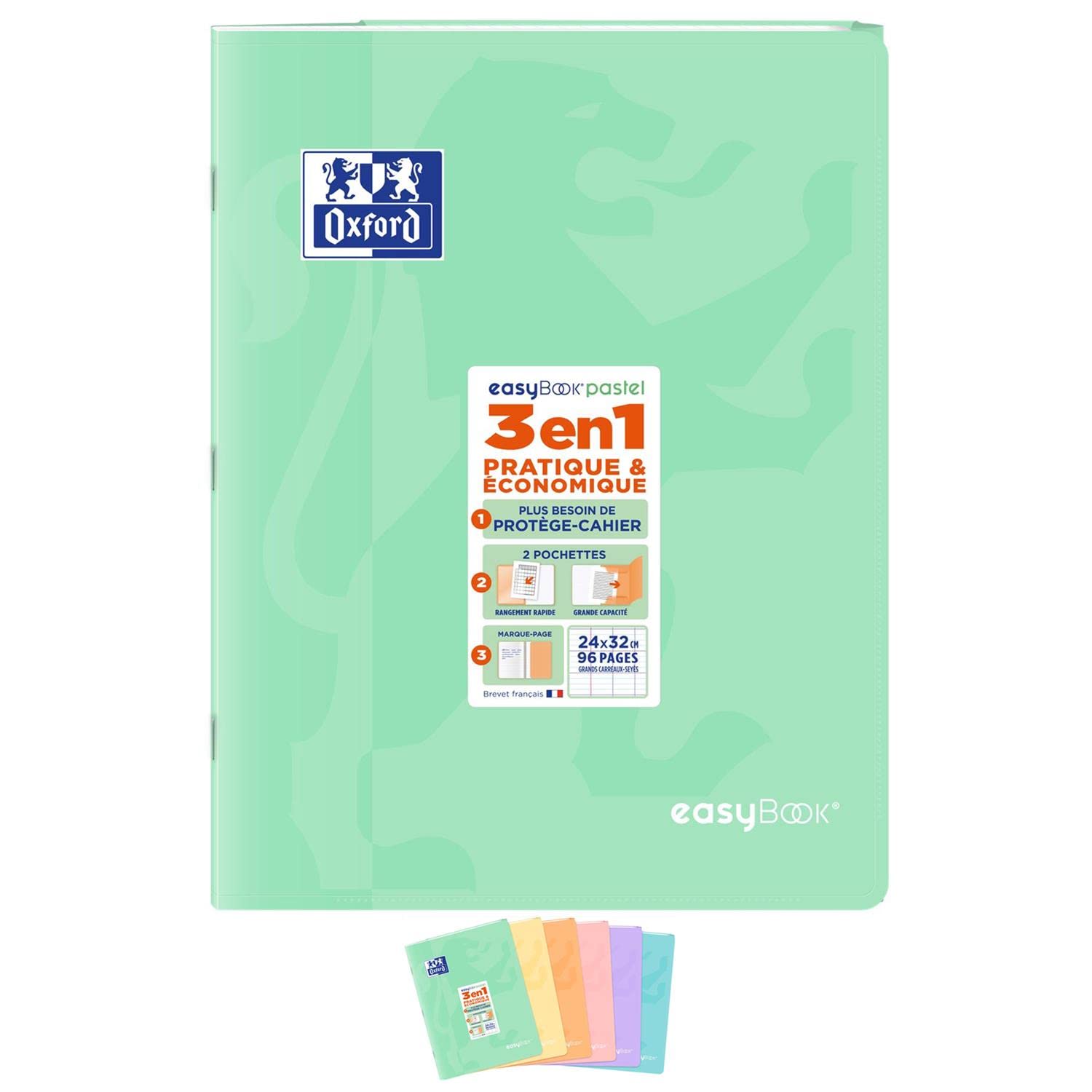 OXFORD Lot de 5 Cahiers piqûre EASYBOOK Pastel 24 x 32 cm 96p 90g grands carreaux coloris aléatoire