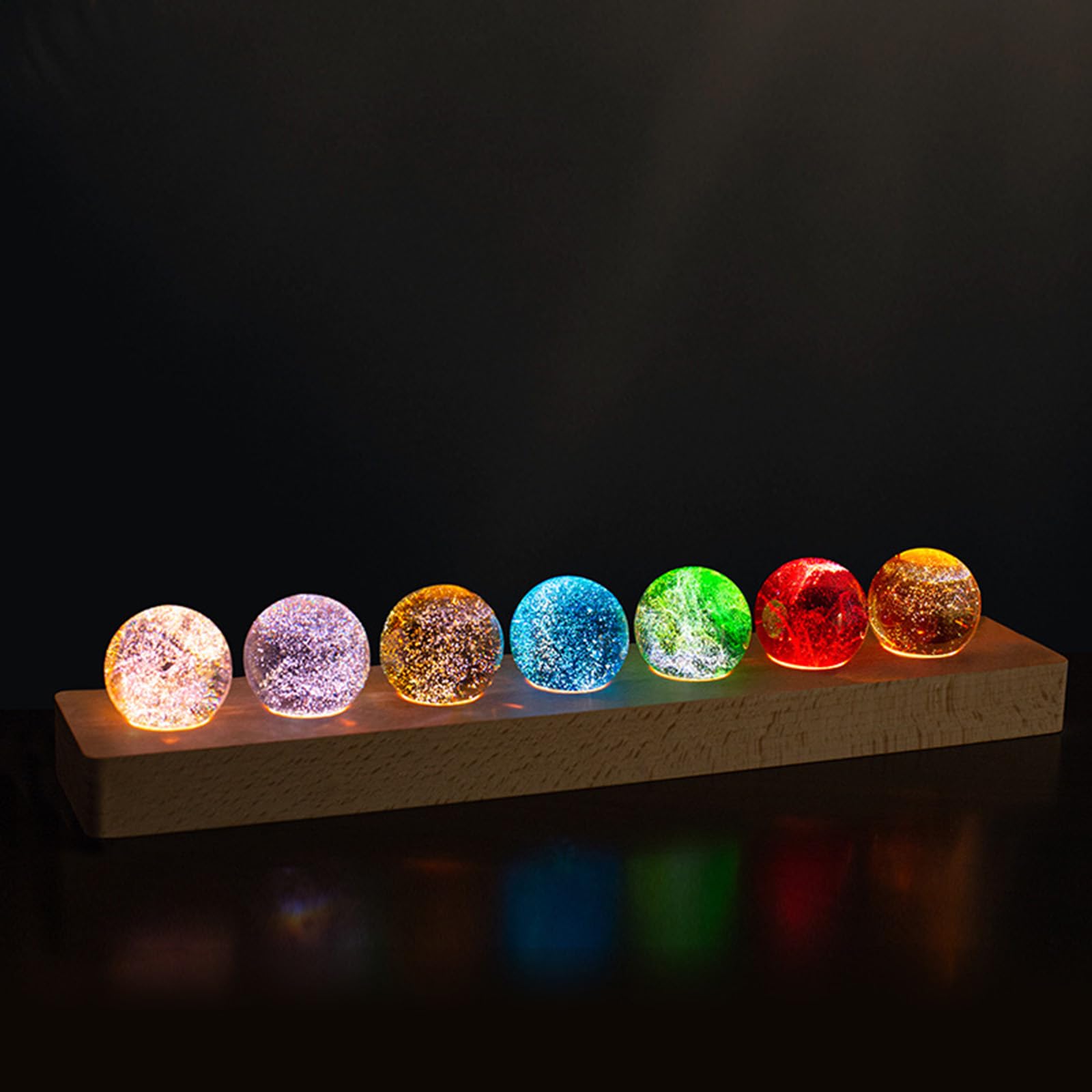 7 Couleurs Boule Chakras Boule Naturelle avec LED Support en Bois 40mm Cristal Quartz Pierre Lumineux Boule De Cristal Home Decor Ball Set(Rectangular Bases)