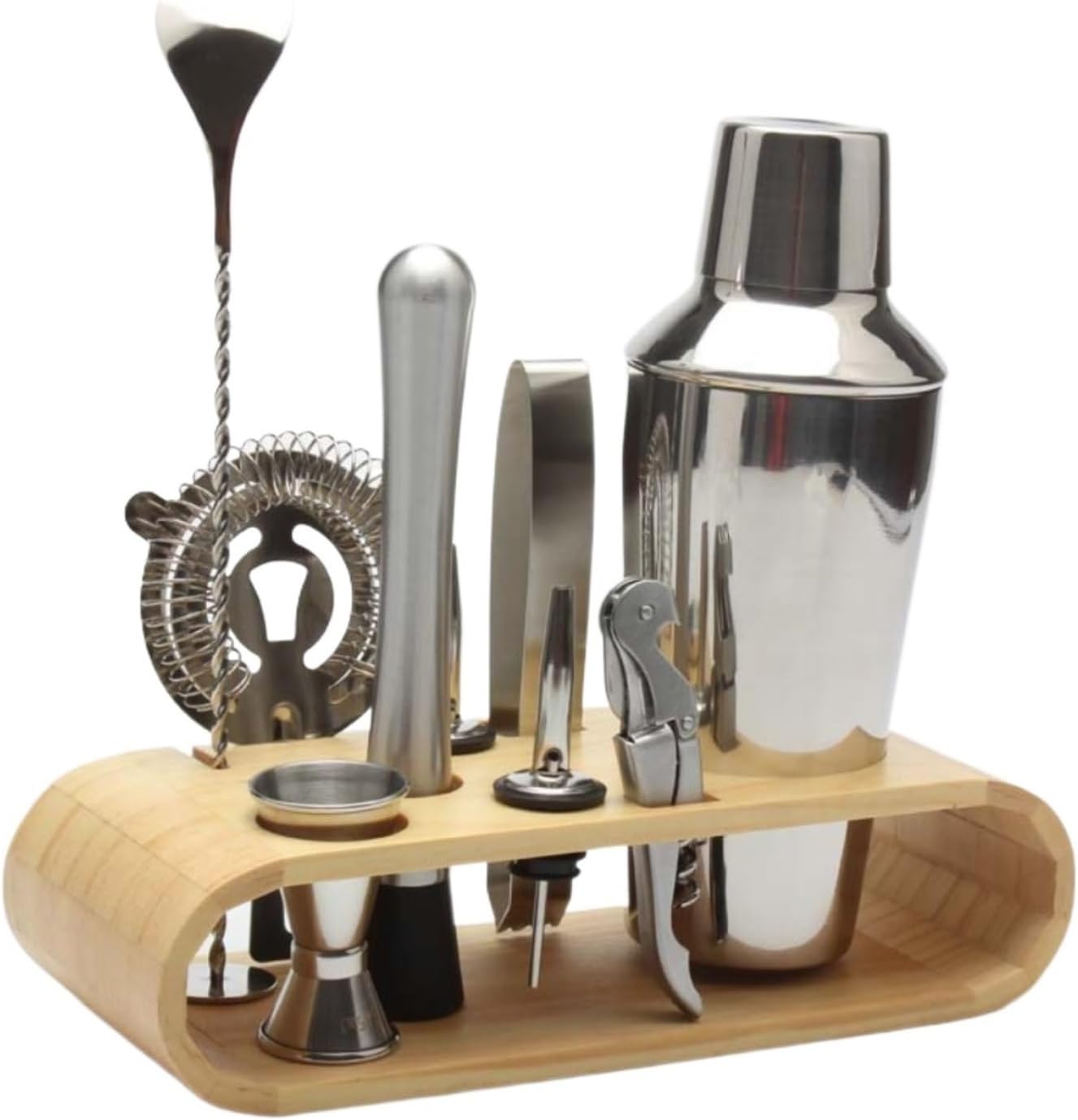 Kit de Bartender 10 Piezas con Coctelera de Acero Inoxidable y Estante de Madera