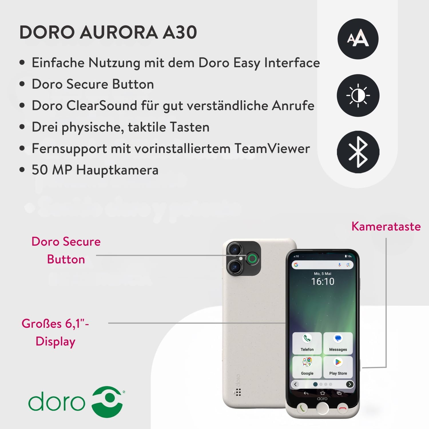 Doro - Aurora A30 Smartphone - Seniorenhandy - Einfach zu bedienen - Hilfetaste mit GPS-Ortung - Hörgerätekompatibel - Inklusive USB-Kabel - Weiß Smartphone Aurora A230 Bone
