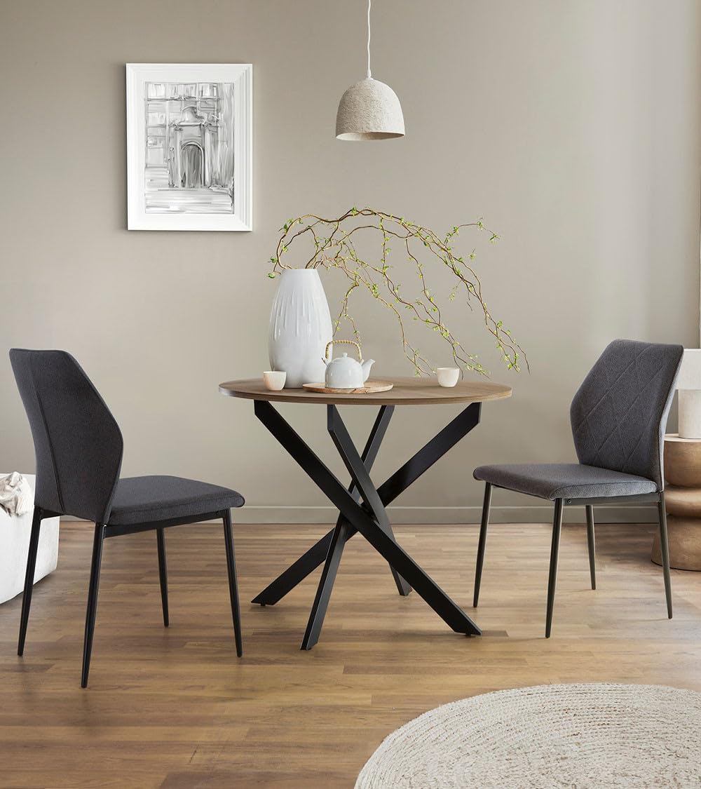 Home Heavenly® - Mesa Redonda Comedor Cocina Blake, Mesa Industrial 90 cm diámetro con Patas metálicas entrecruzadas. (Tapa Roble Pata Negra)