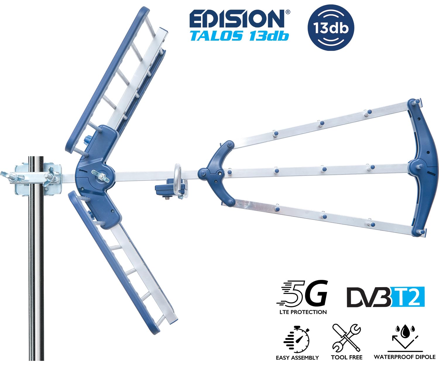 EDISION TALOS 13db Antenna TV tripla Digitale Terrestre UHF 21-48 esterno & Metronic 414114 Amplificatore TV Vhf/Uhf per Digitale Terrestre con Filtro Lte