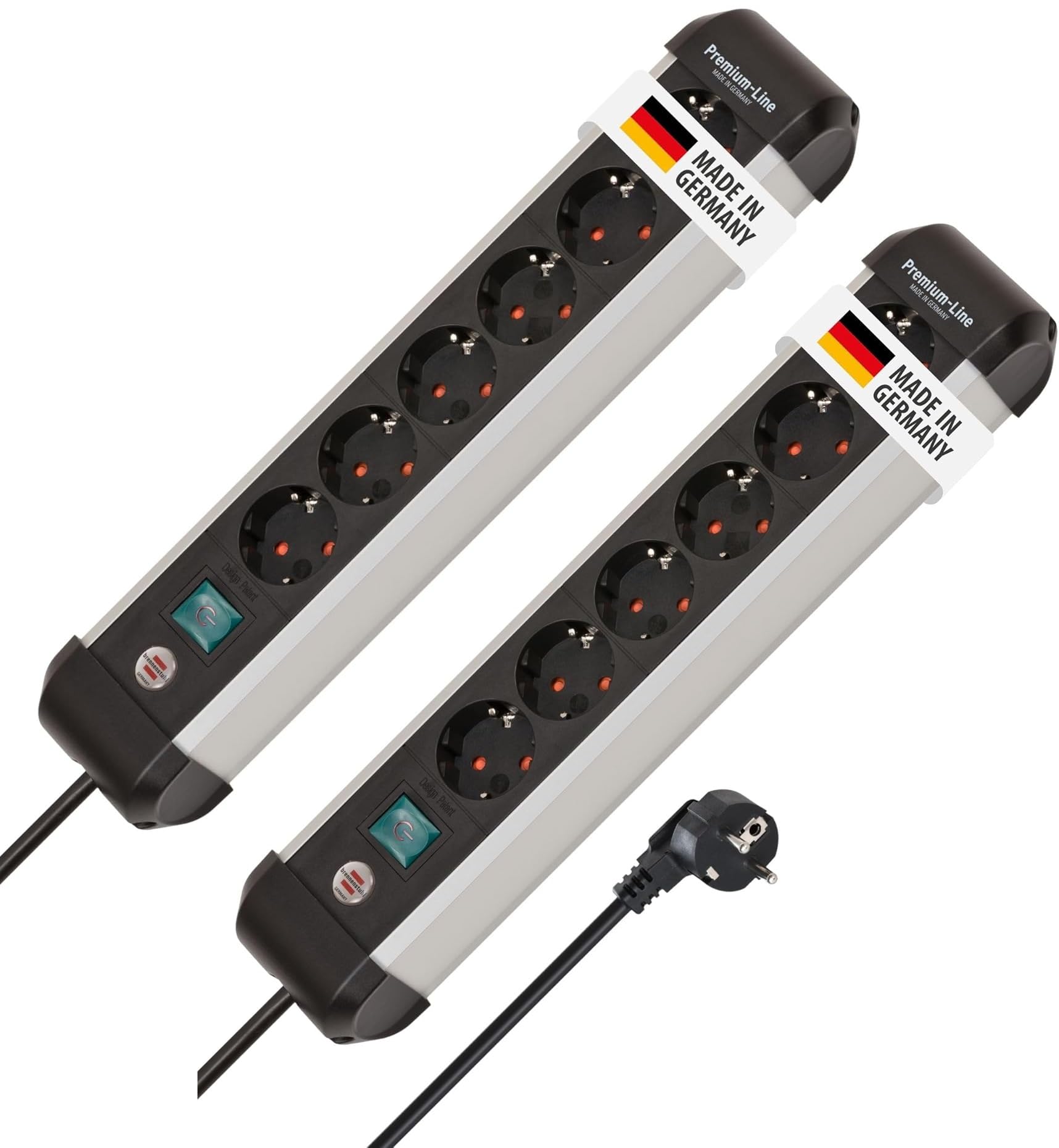 Brennenstuhl 2er Pack Premium-Alu-Line Steckdosenleiste 6-Fach/Steckerleiste aus hochwertigem Aluminium (Mehrfachsteckdose mit Schalter und 3m Kabel, Made in Germany)