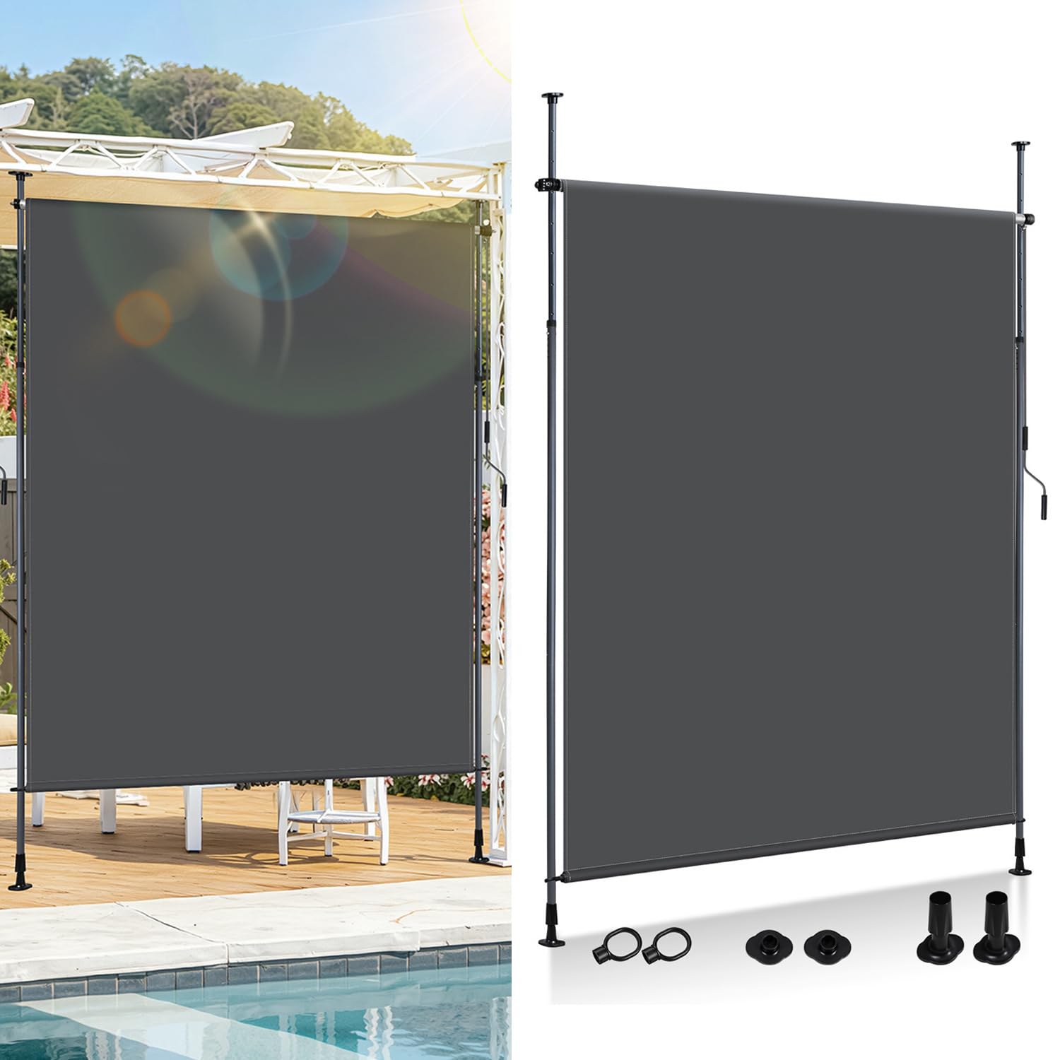Store vertical extérieur extensible 150 x 270 cm | Store vertical avec manivelle sans perçage | Brise-vue de balcon et protection contre le vent pour jardin et terrasse - Anthracite