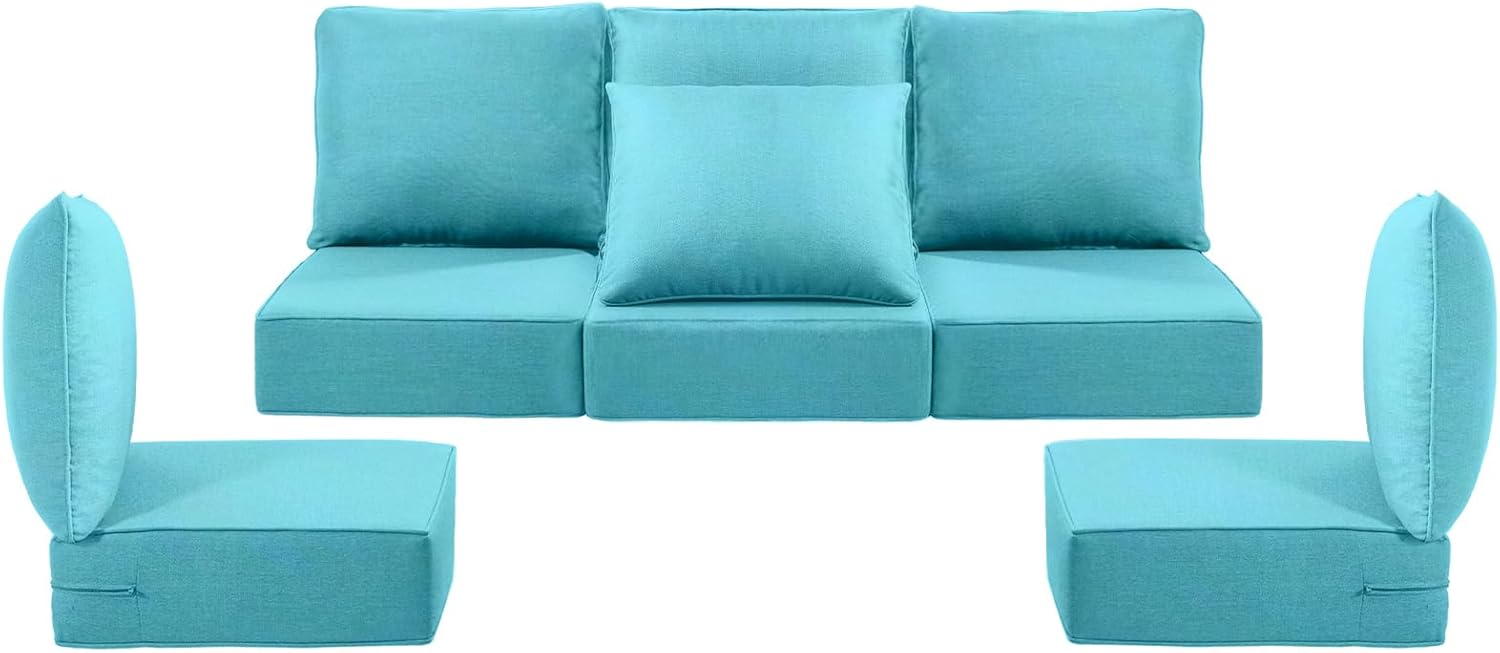 Luxury 24x24x6 Outdoor Cushions for 5-Seat Sectional Sofa Set of 5 - Water-Repellent 11-Piece Patio Cushion Set for Outside Rattan Wicker Loveseat Chair L-Shape Couch - Turquoise/Classic