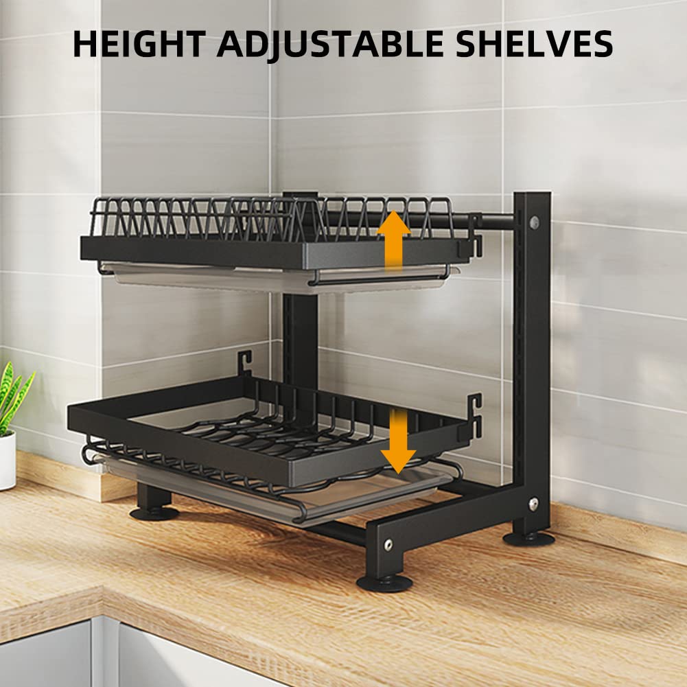 Escurridor de platos regulable en altura de 2 niveles con 2 escurridores para fregadero de cocina con soporte para utensilios y tabla de cortar 2 en 1
