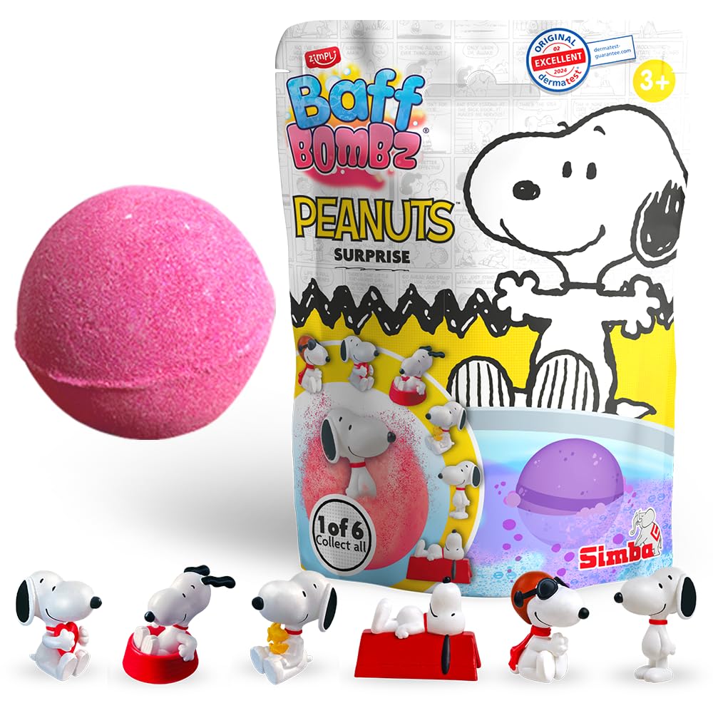 ZIMPLI Grande Bombe de Bain Surprise Peanuts, 1 des 6 figurines Snoopy à collectionner, Une surprise par Baff Bomb, Petit Cadeau à Petit Prix, Figurines de Collection, Cadeaux pour Sacs de Fête
