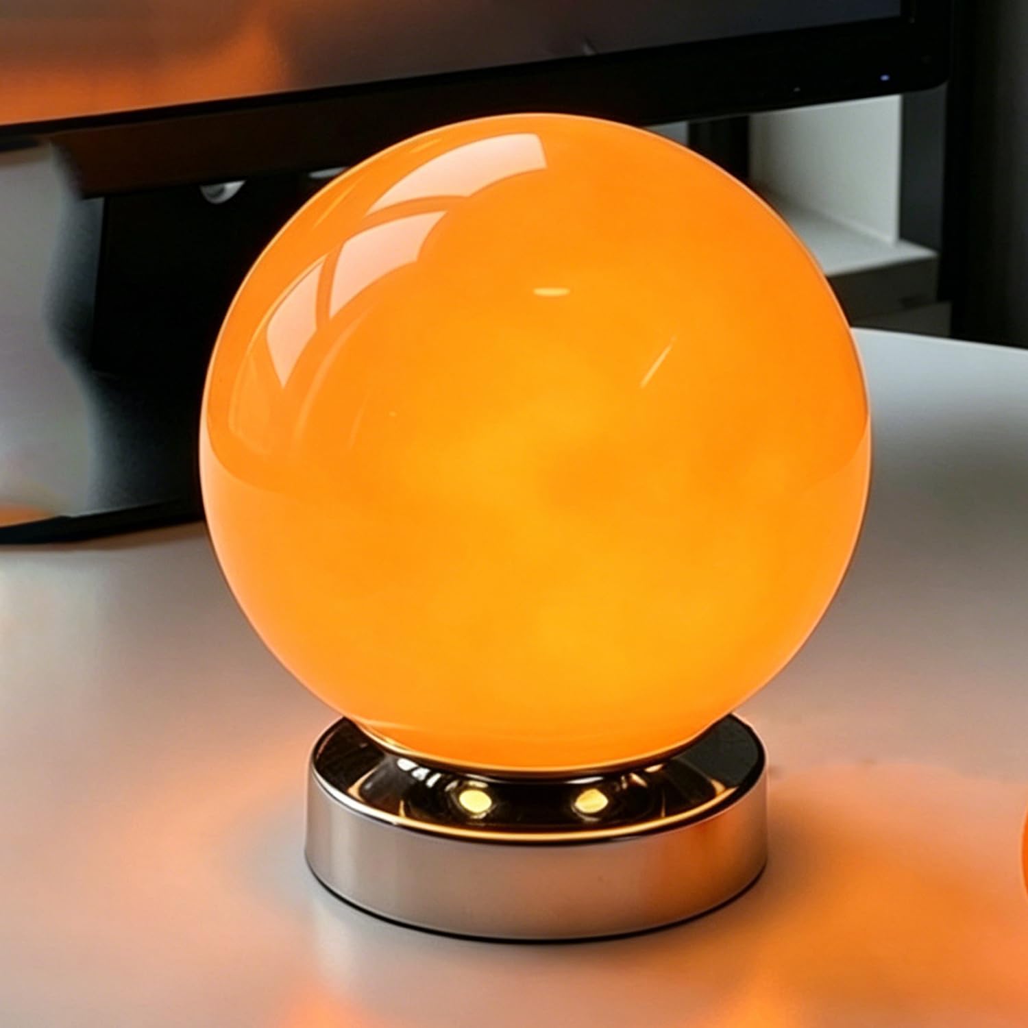 OOWOKS Glaskugel Tischlampe Kabellos Touch Steuerung USB Aufladbar 3 Farbtemperaturen dimmbare LED Nachttischlampe mit Akku Metall Sockel Kugel Deko Tischleuchte für Schlafzimmer Kinderzimmer,Orange