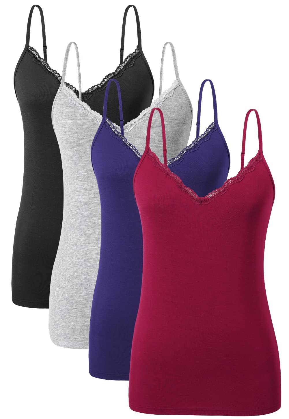 Ymmchy Damen Tanktop mit Spitzen Unterhemd Spaghettiträger Basic Top V-Ausschnitt Verstellbare Trägertop 4er Pack