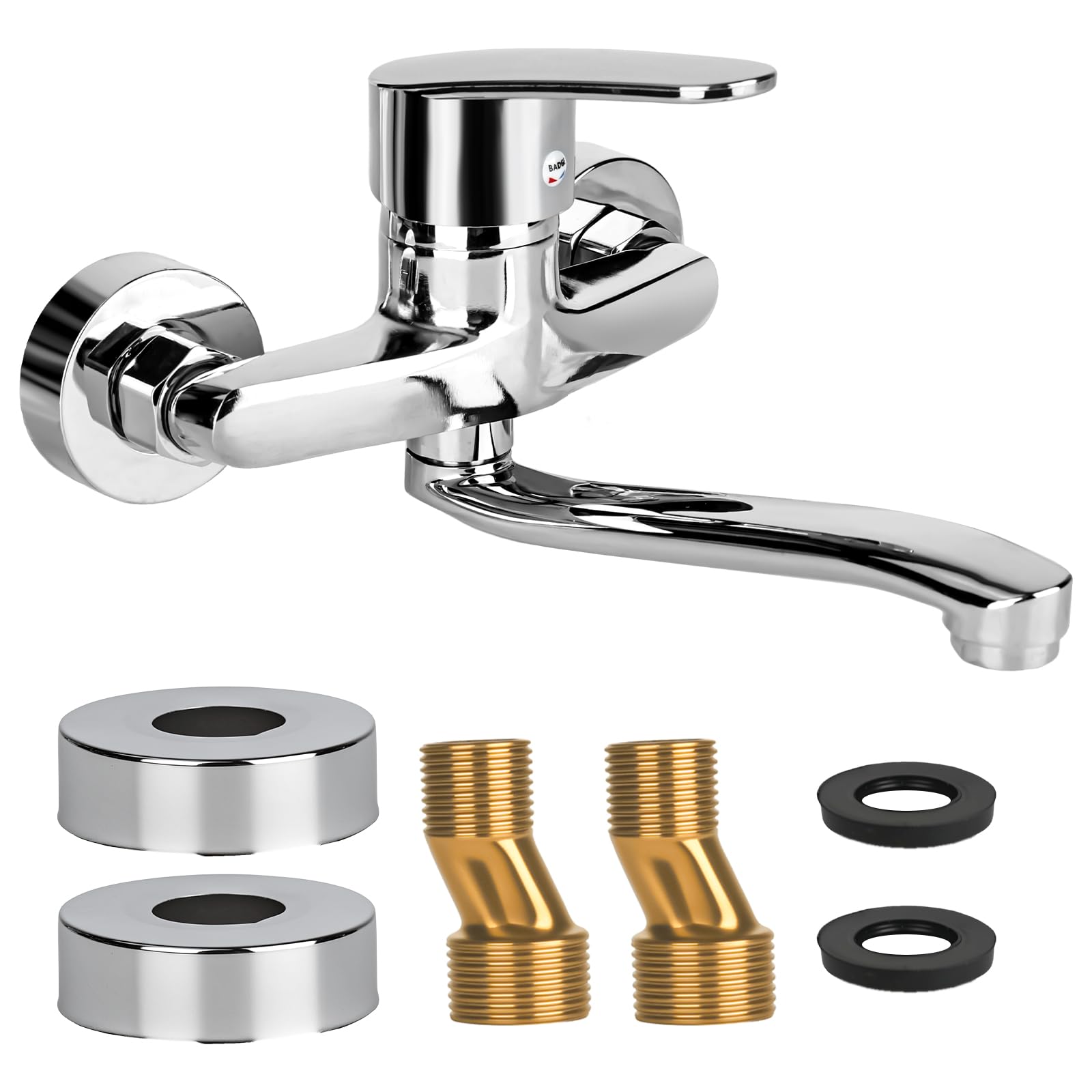 Grifo de Cocina Montaje en Pared, Grifo de Pared 360° Giratorio, Mezclador de Cocina, Monomando, Fregadero, Fregadero de Agua Fría y Caliente, Batería de Mezclador, Brazo Giratorio de 24cm