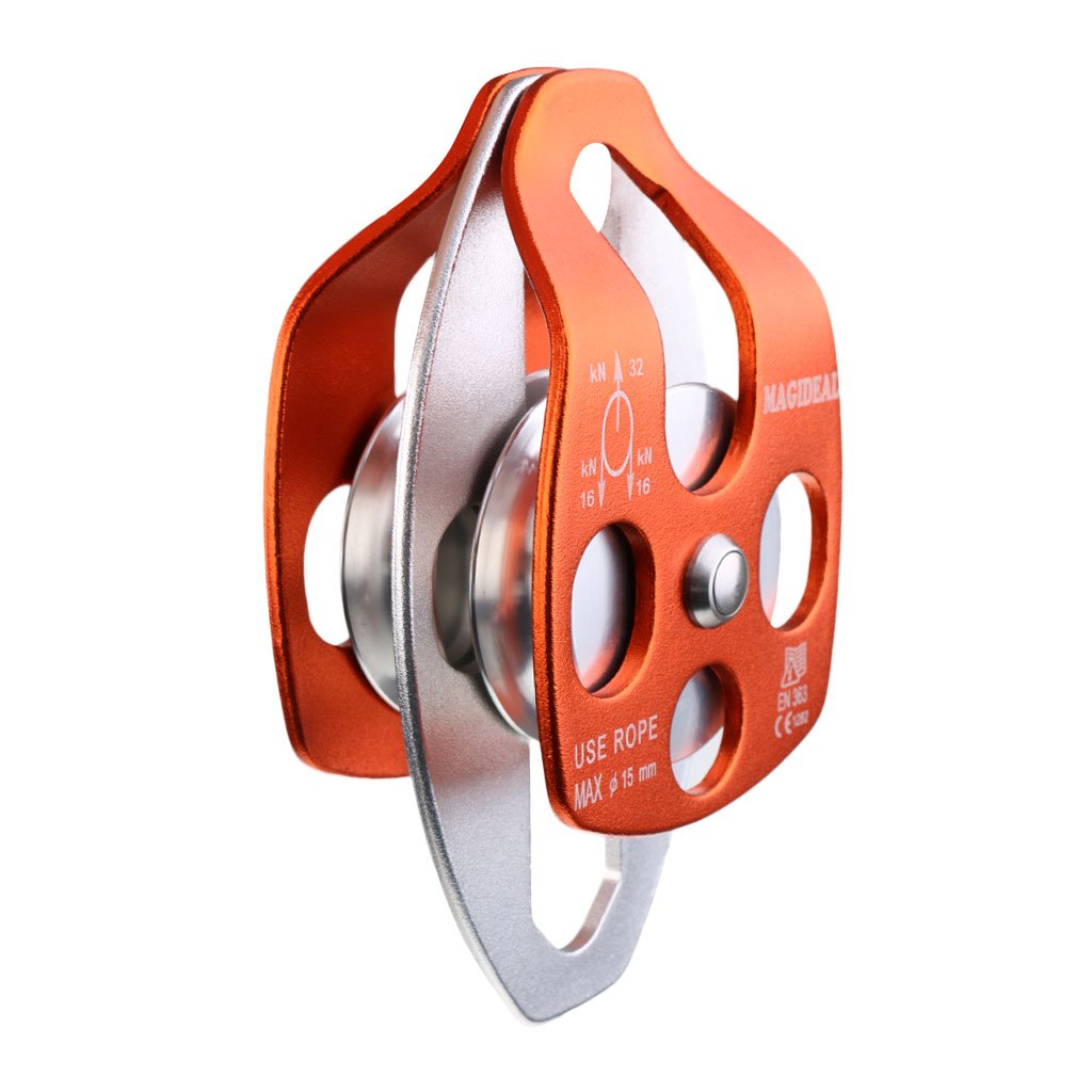Rodamientos de bolas de aluminio de doble polea 32KN para montañismo, escalada, color naranja